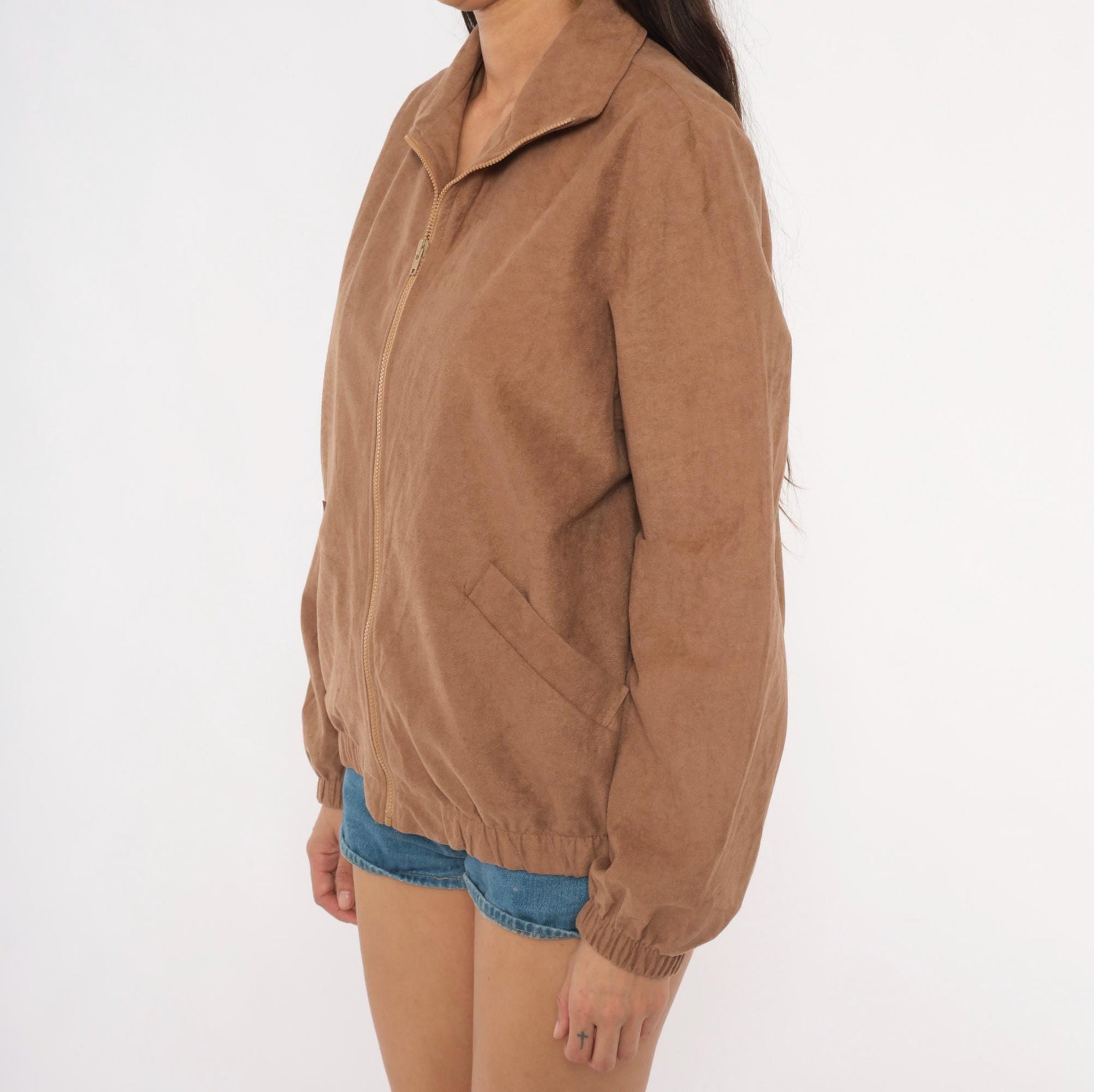 80s Blair Tan Faux Suede Bomber Jacket Zip Harrington Collar Medium