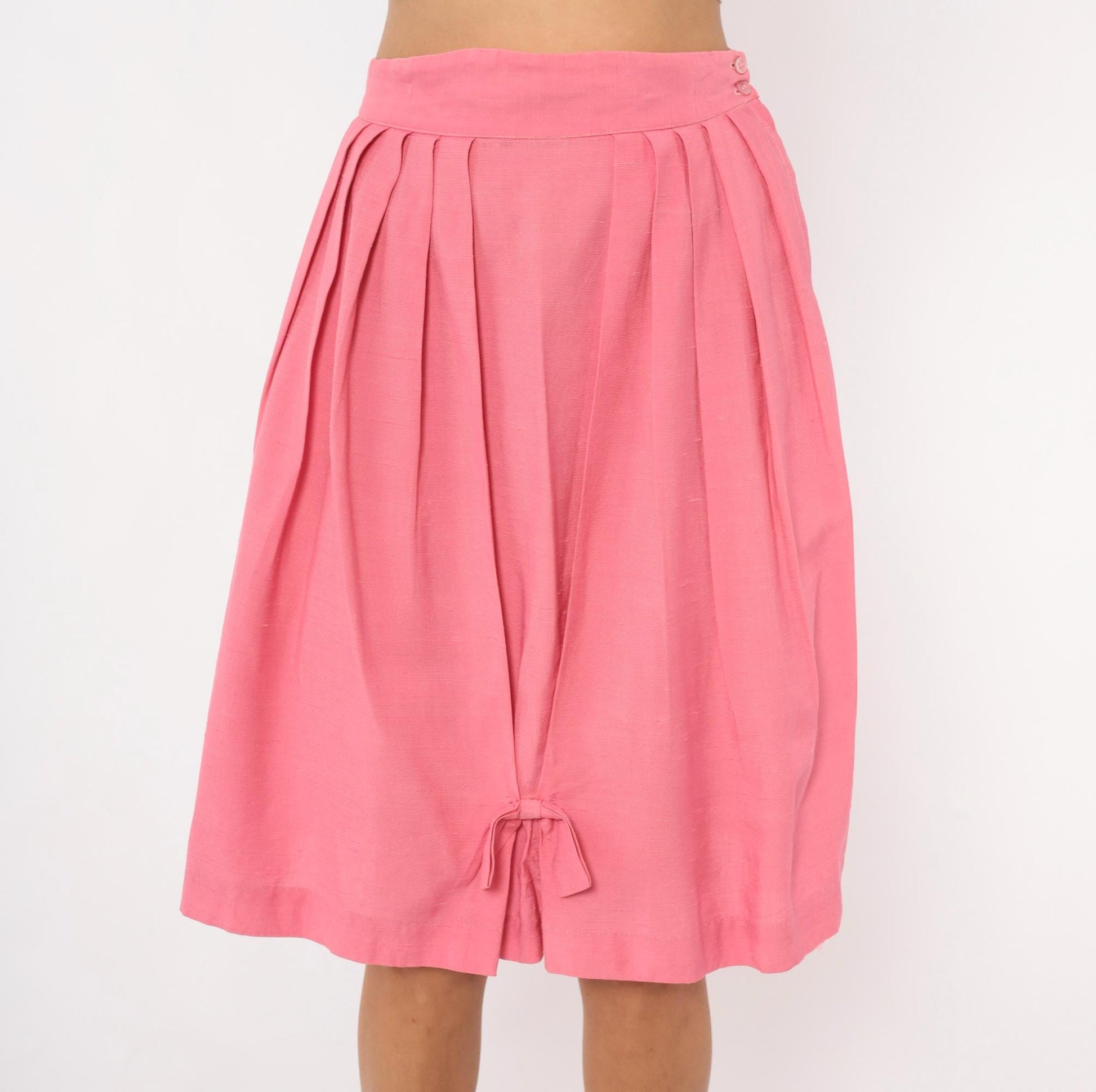 60s Pink Pleated Skirt High Waist Bubble Bow Tie Full Skirt Small