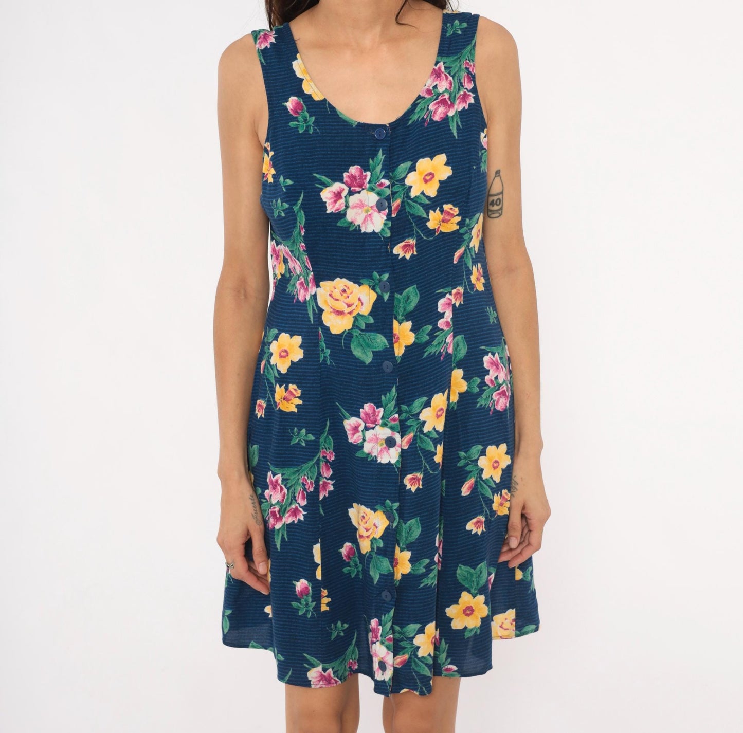 90s Tr Bentley Floral Sundress Navy Blue Yellow Rose Print Medium M