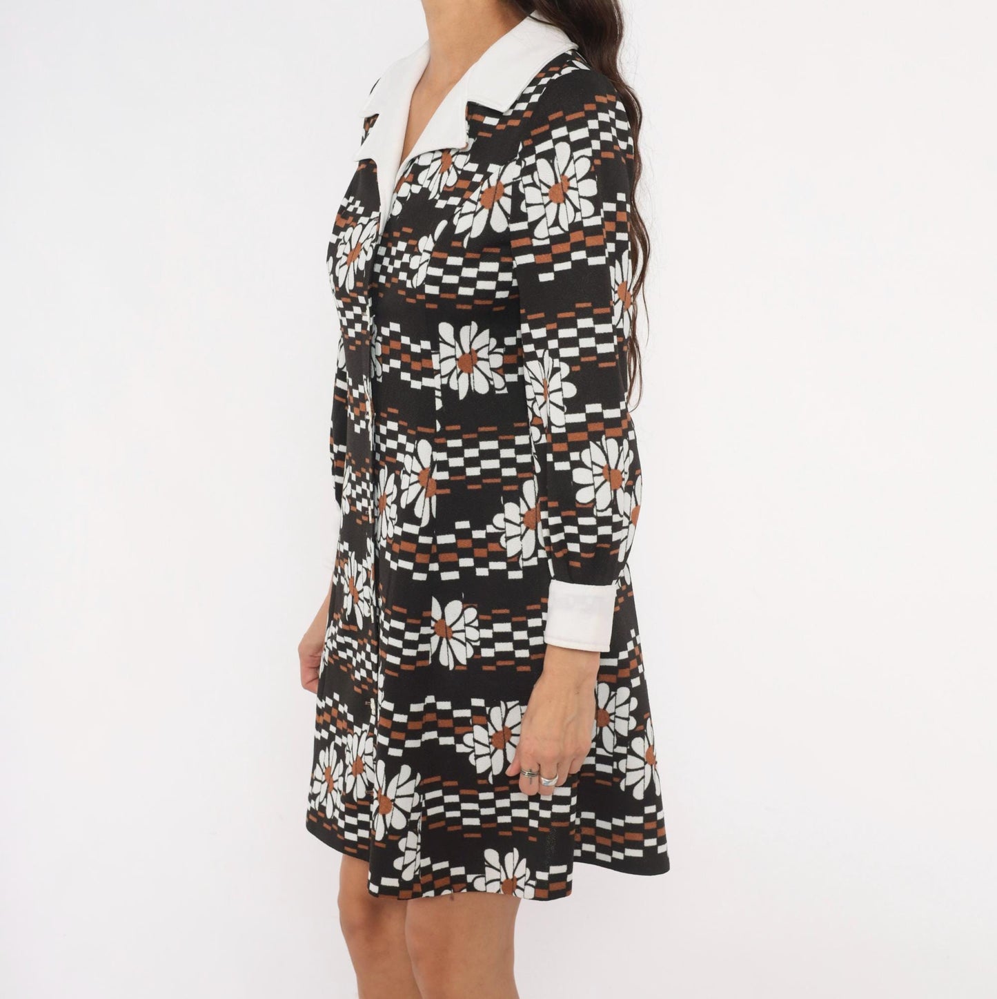 70s Daisy Print Mini Babydoll Dress Black White Checkered Collar Medium M