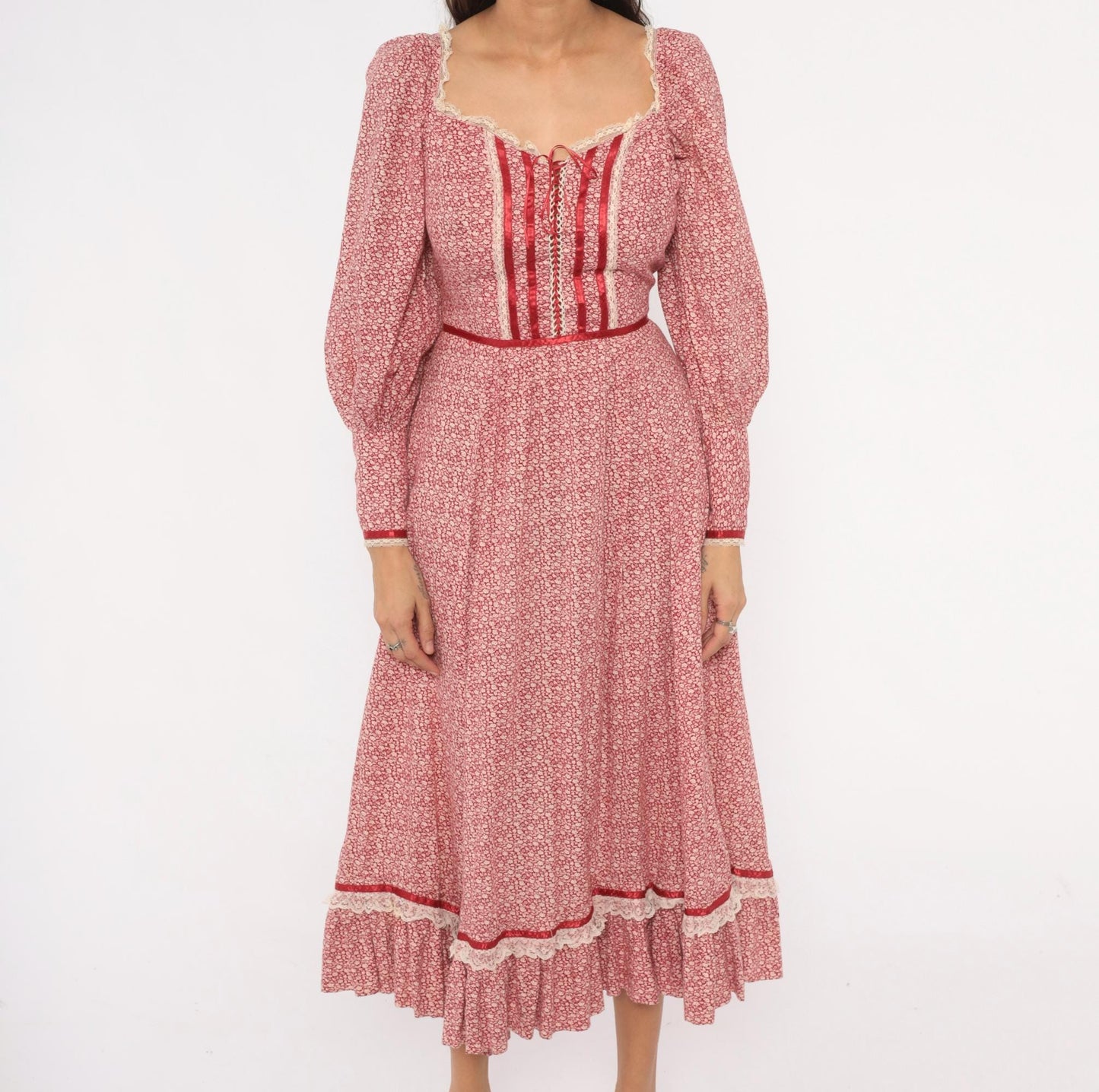 70s Wildes Red Calico Prairie Dress Lace Corset Puff Sleeve Maxi Small