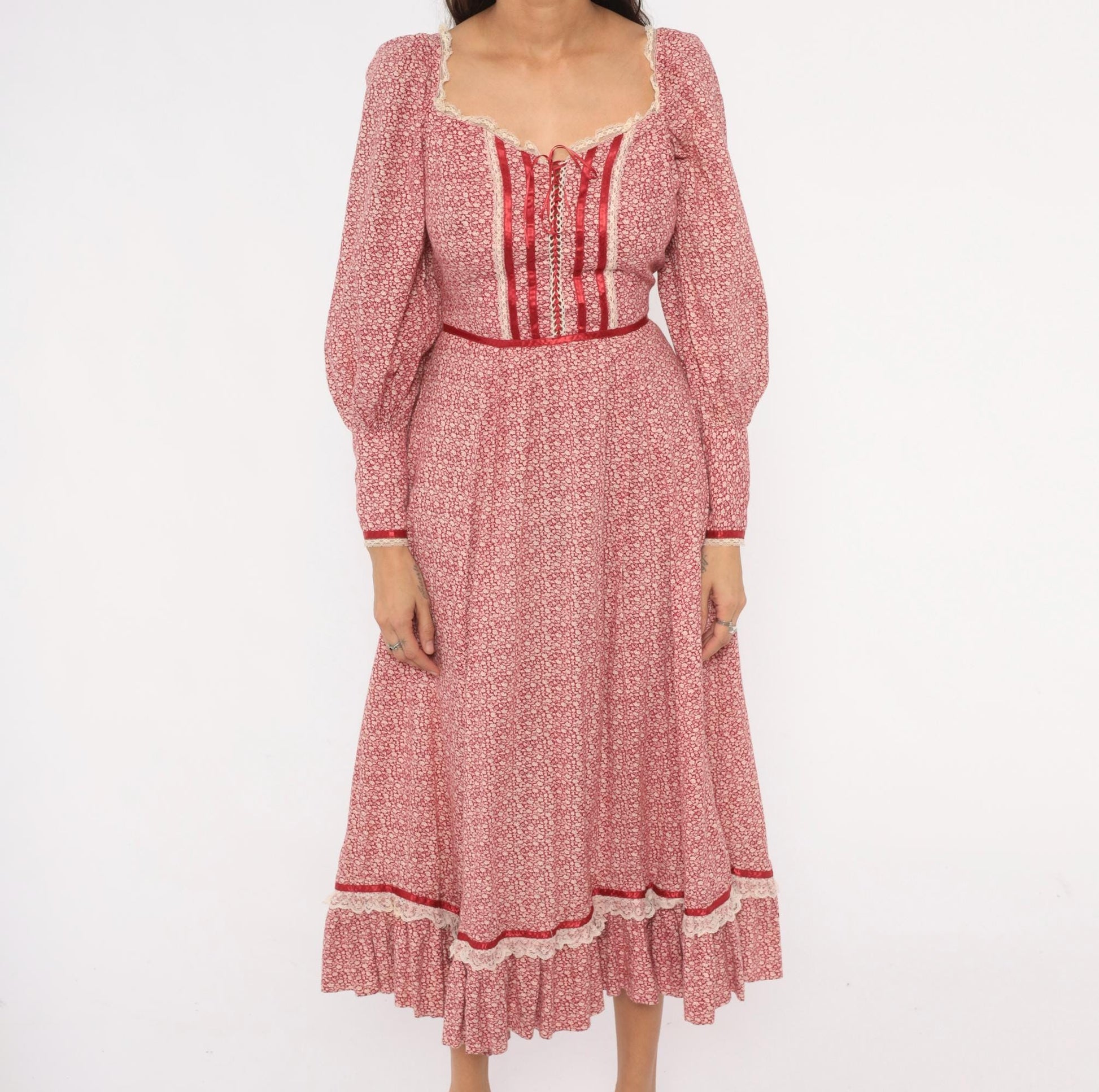 70s Wildes Red Calico Prairie Dress Lace Corset Puff Sleeve Maxi Small