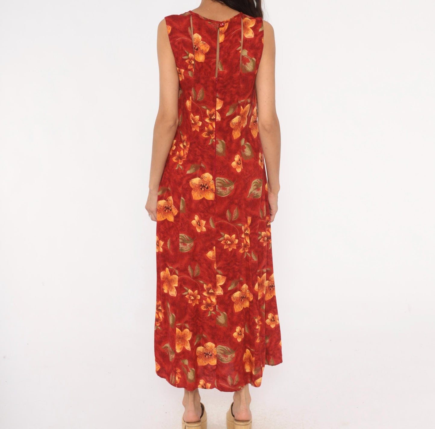 90s Olivia Rose Floral Maxi Dress Red Orange Sleeveless Keyhole Back Medium
