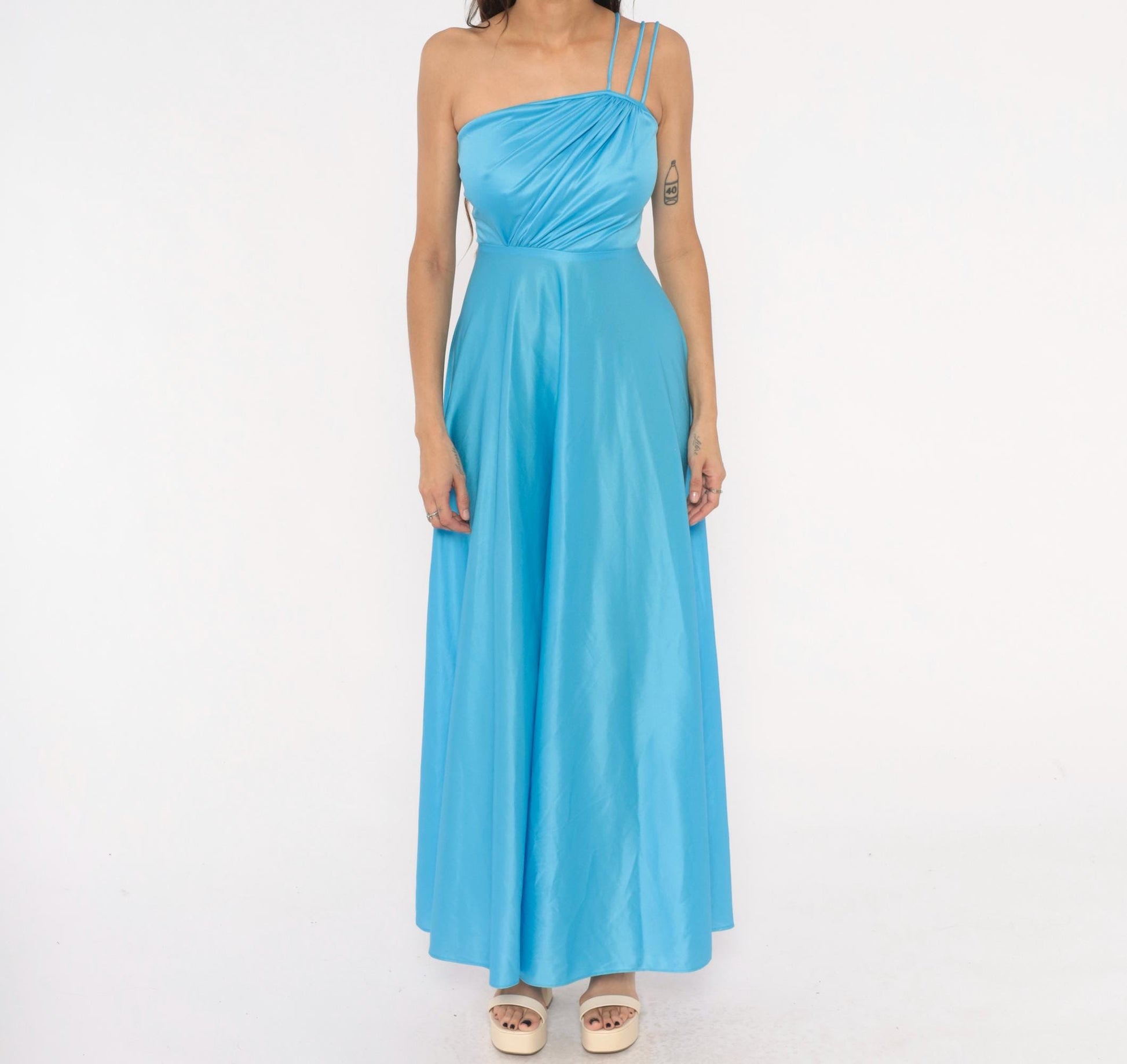 70s Sky Blue One-Shoulder Maxi Gown Asymmetric Draped Bodice Floor Length Extra Small XS