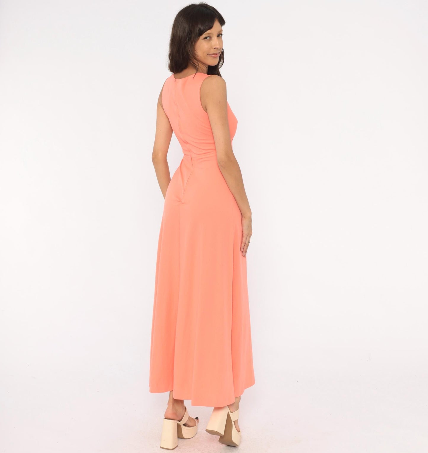 70s Coral Maxi Dress Sleeveless V Neck Empire Waist A-Line Small S