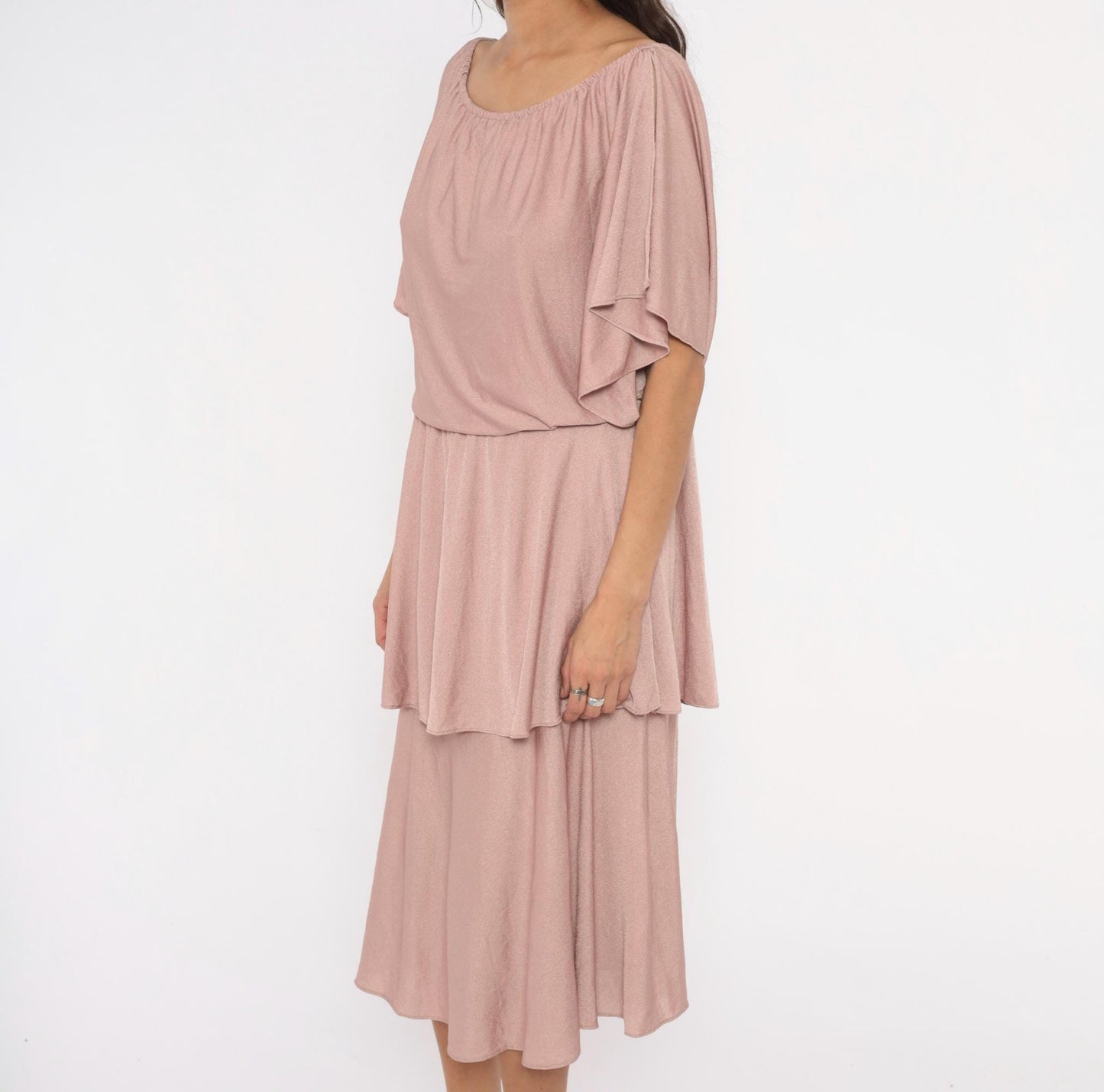 70s The Dress Mauve Tiered Midi Dress Flutter Sleeve Cold Shoulder Medium