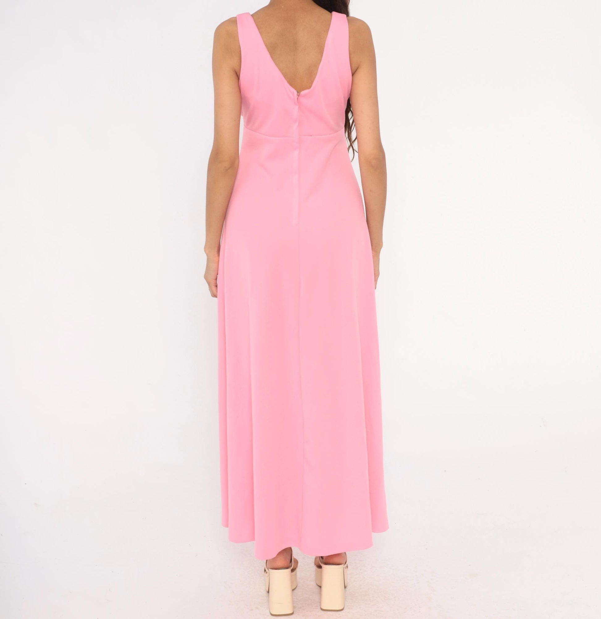 70s Bubblegum Pink Maxi Dress V Neck Empire Waist A Line Ankle Length Medium M