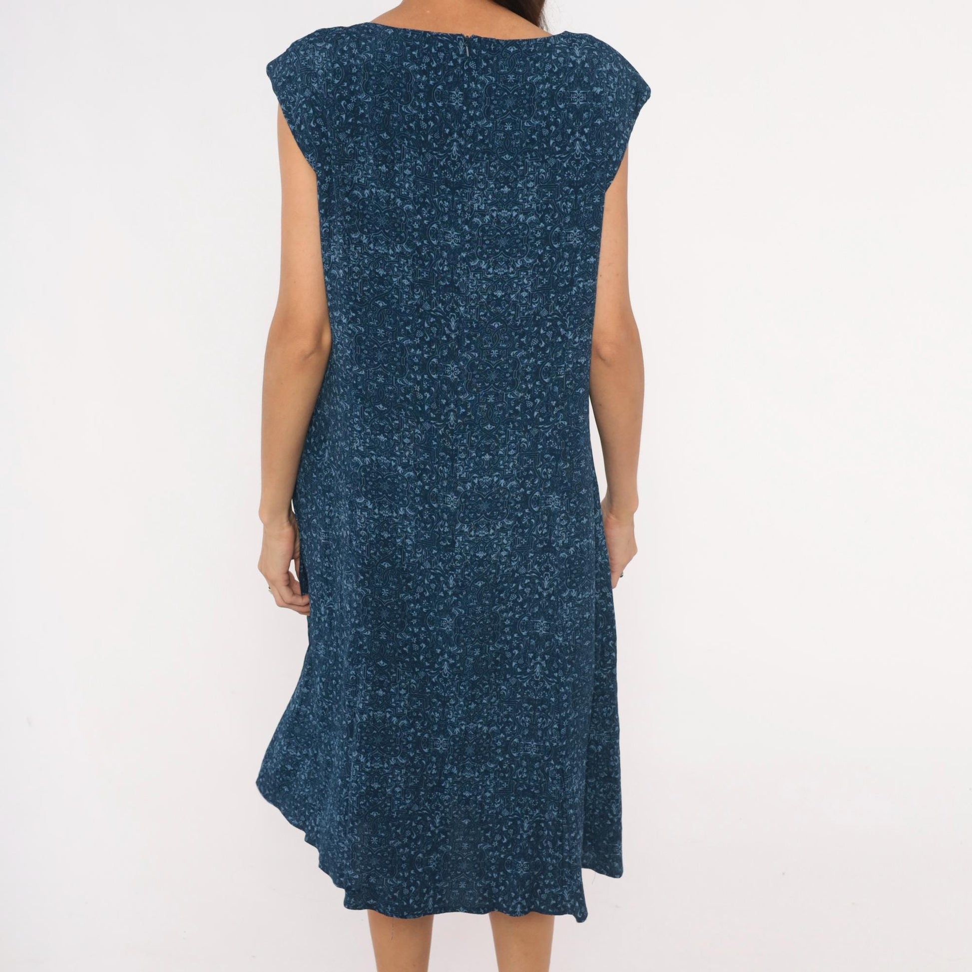 90s Talbots Indigo Floral Cotton Shift Dress Navy Cap Sleeve Large L