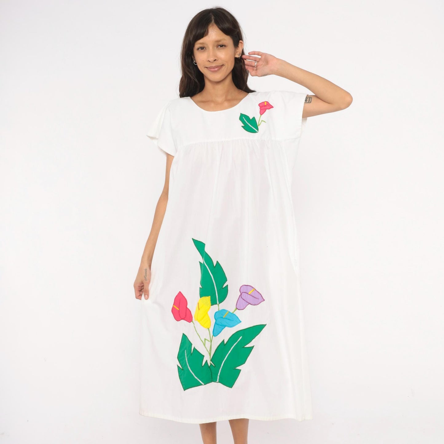 90s Bordados Tiscareño Tropical Appliqué Midi Dress White Cotton Calla Lily Large