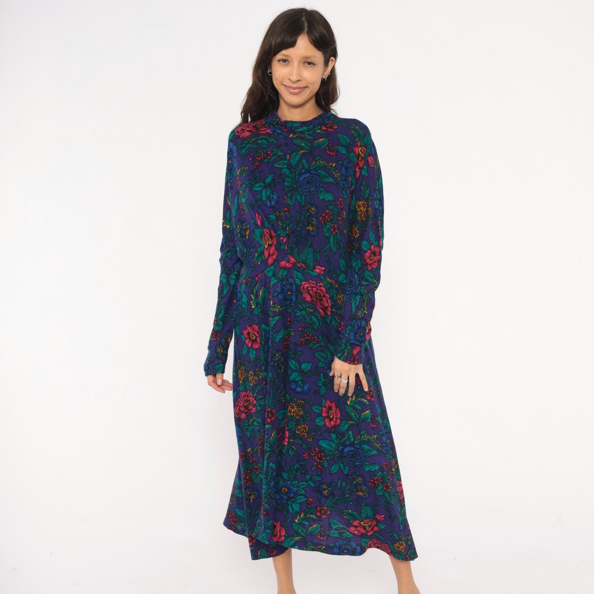 90s Alison J. Floral Mock Neck Midi Dress Purple Teal Long Sleeve Large L