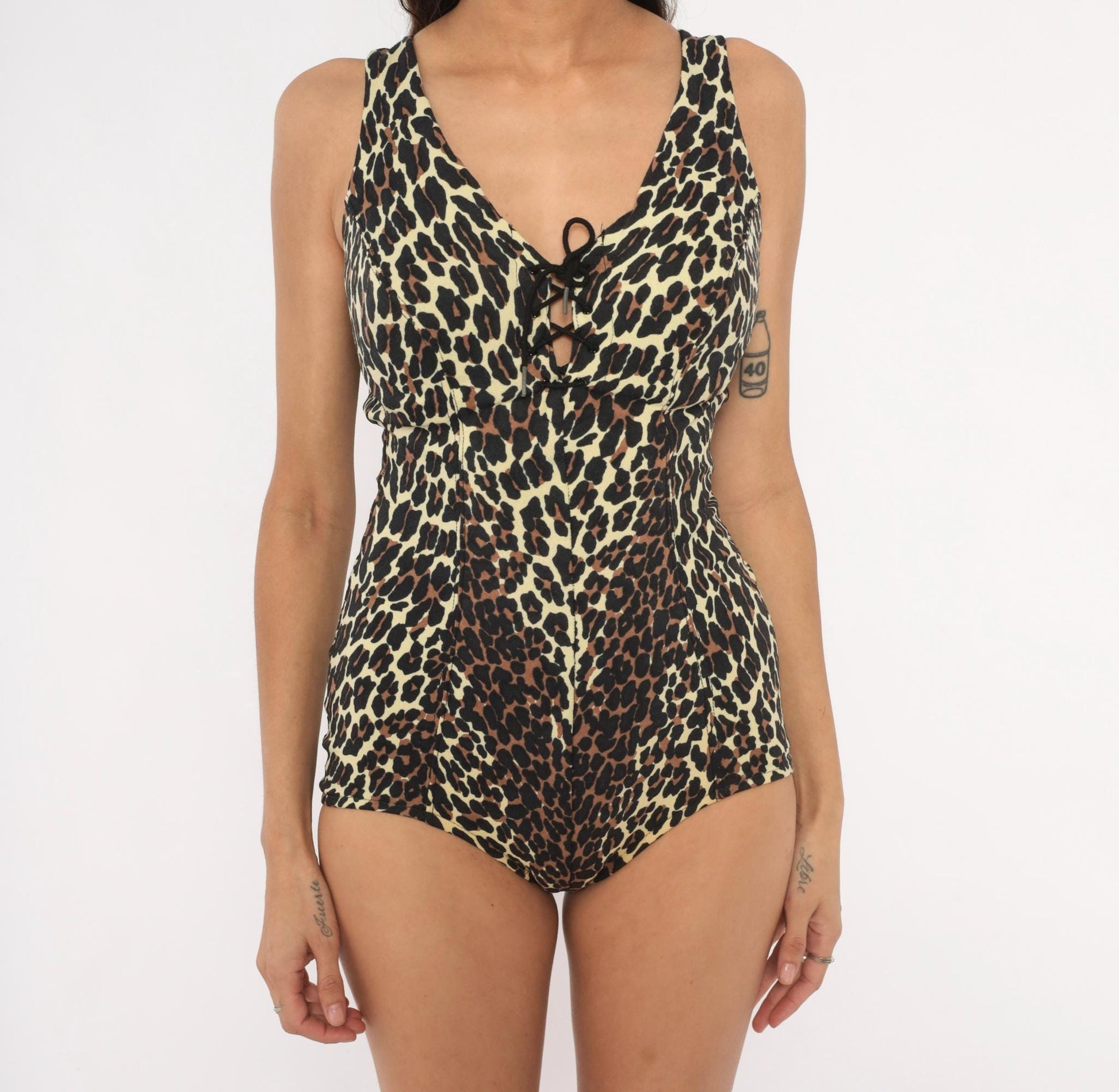 70s Cole of California Leopard Print One-Piece Swimsuit Cream Black Medium M