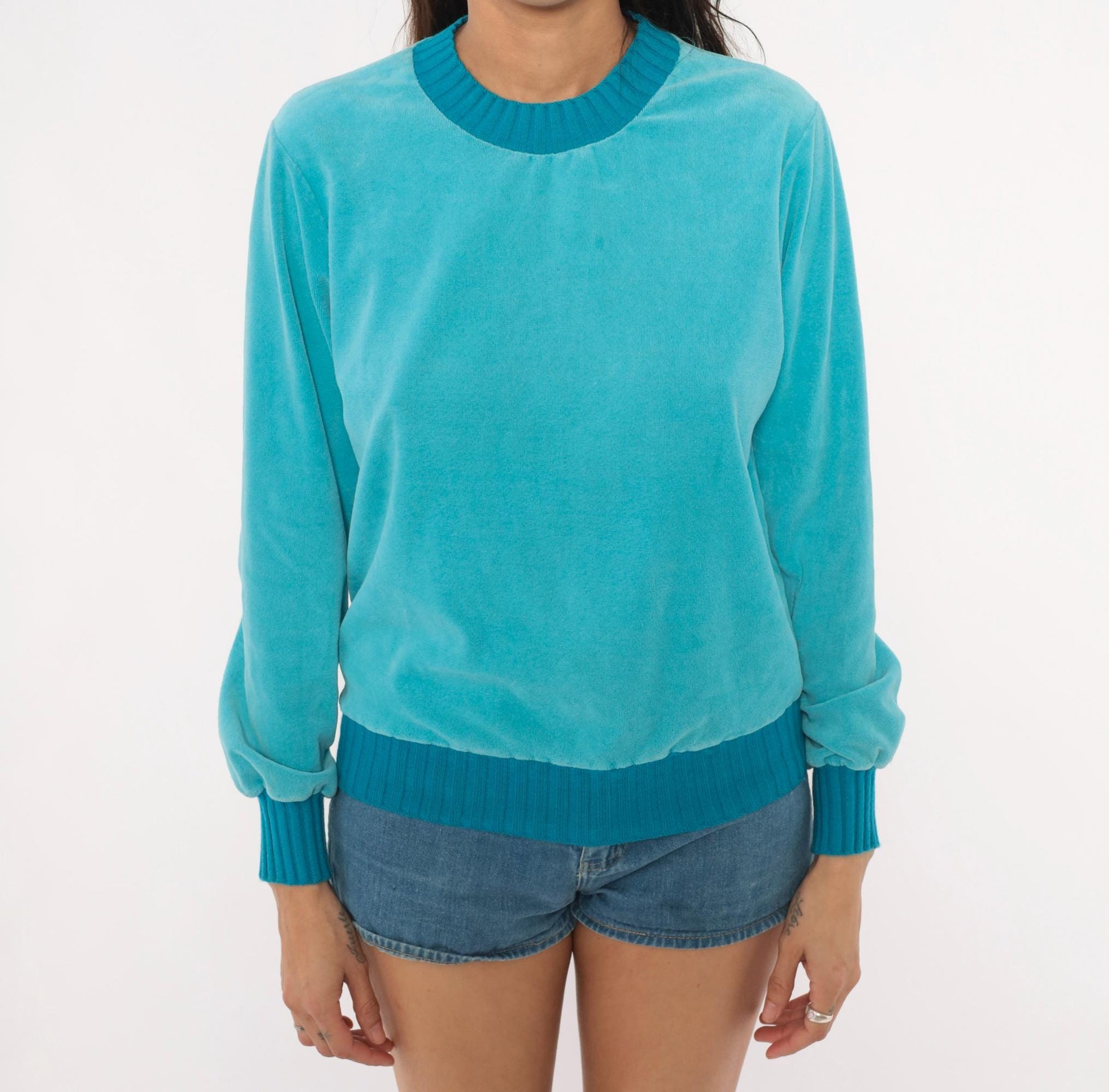 80s Sears Velour Crewneck Sweatshirt Teal Aqua Ribbed Trim Small
