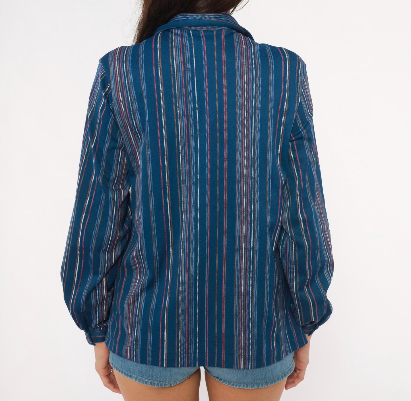 70s Sears Striped Button-Front Blouse Cobalt Blue Pink Pinstripe Medium