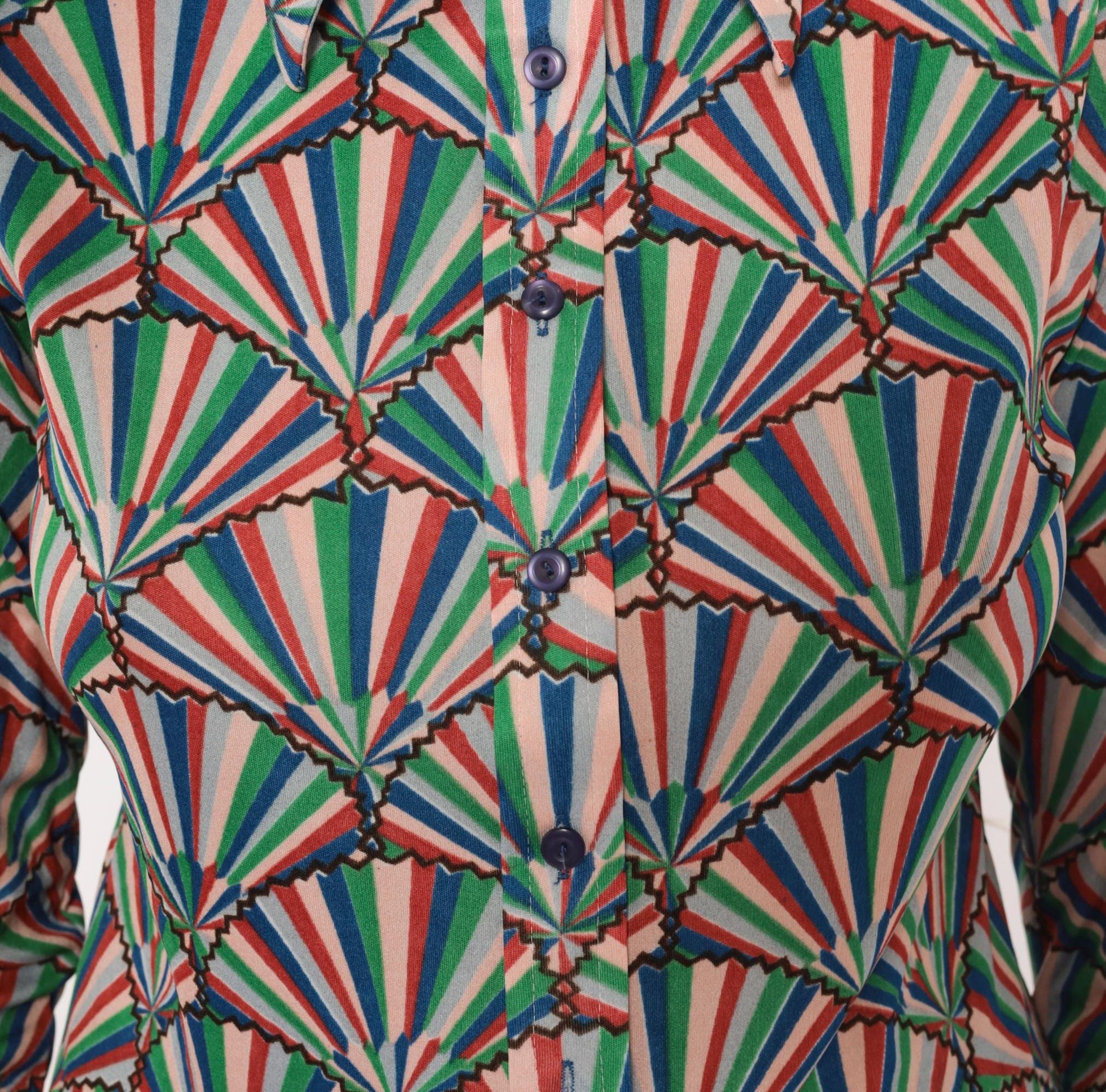70s Helen Sue Fan Print Shirt Geometric Button Front Pointed Collar Small