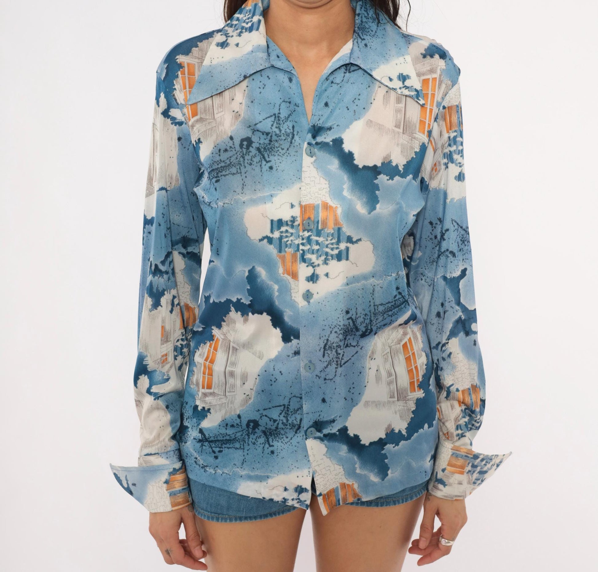 70s Triumph of California Architectural Print Shirt Blue Pointed Collar Medium