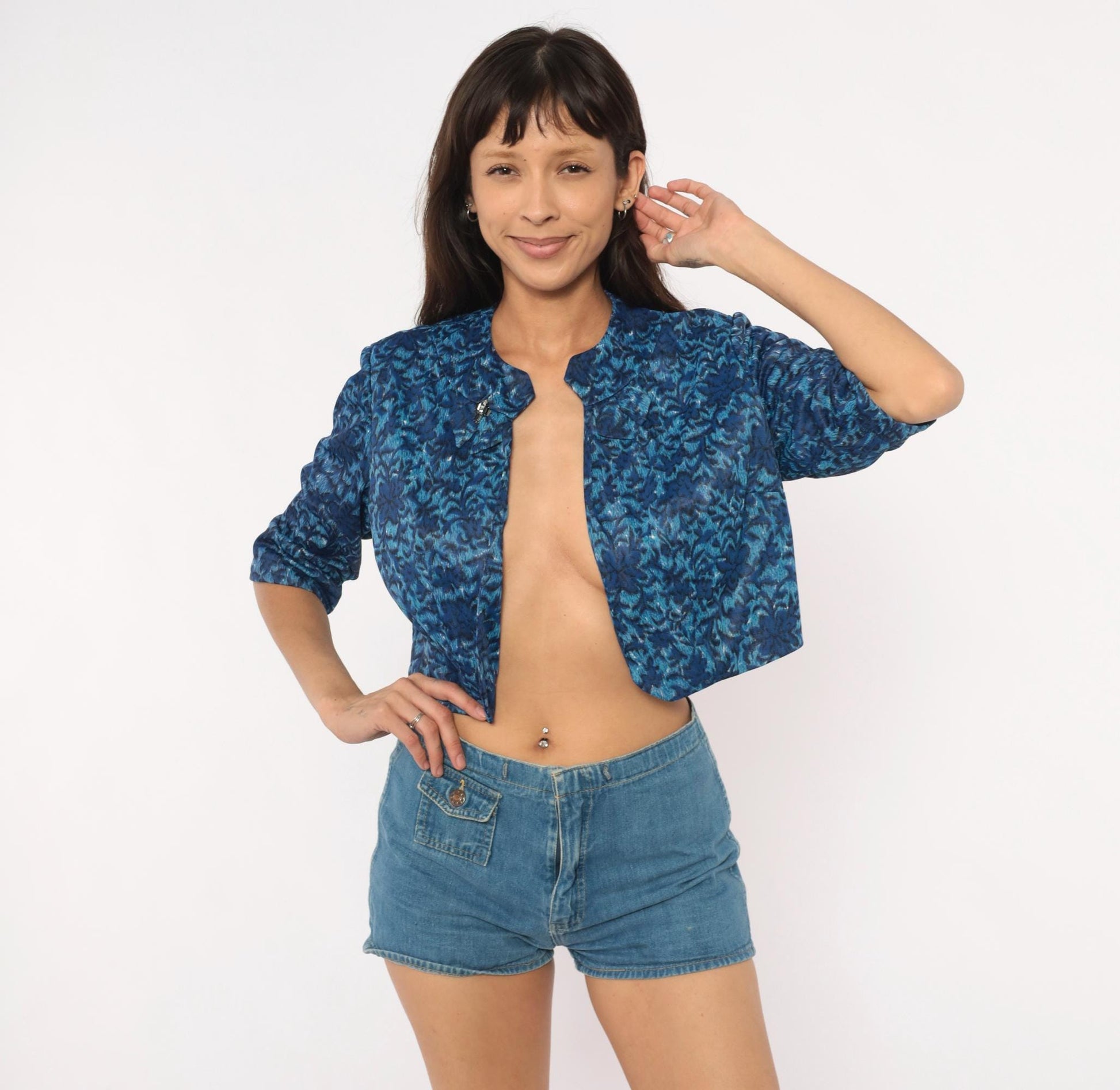 60s Cobalt Jacquard Bolero Jacket Floral Damask Three Quarter Sleeve Medium M