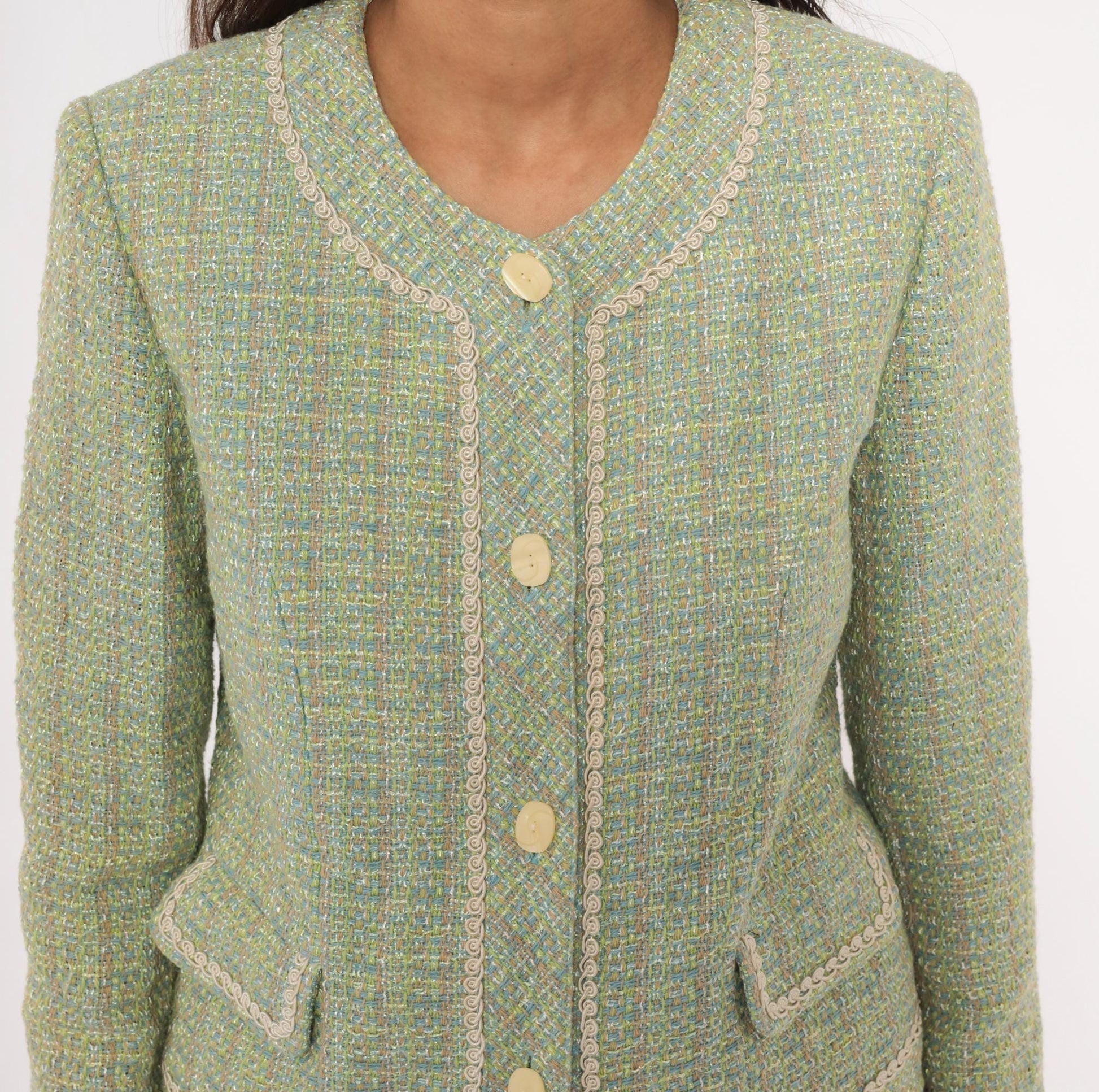2000s Henry Lee Sage Tweed Blazer Collarless V-Neck Boucle Small S
