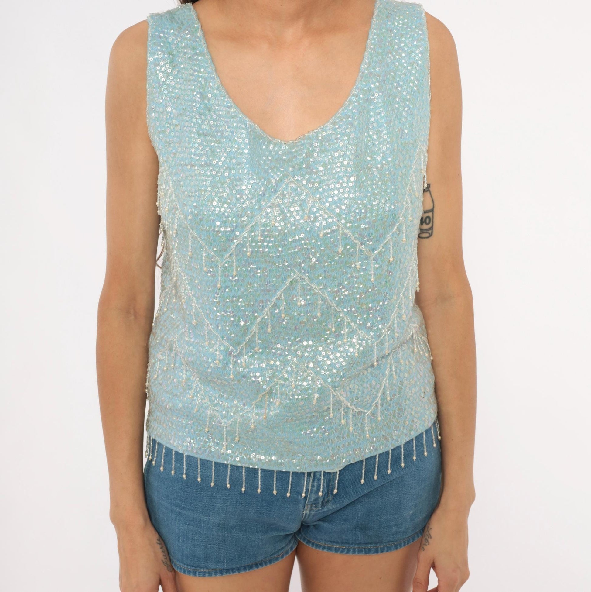 60s Baby Blue Sequin Shell Top Iridescent Beaded Fringe V Neck Tank Large