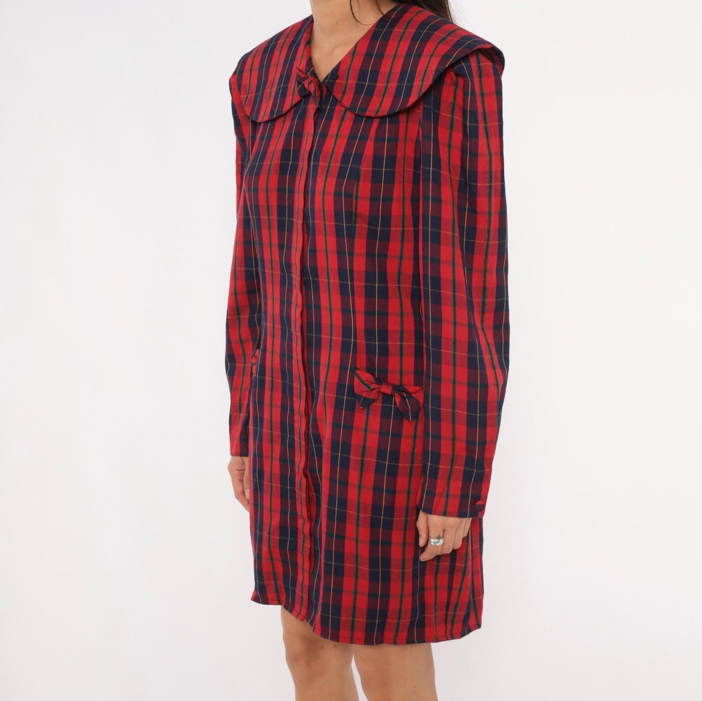 80s Sharon Young Plaid Shift Dress Red Navy Tartan Peter Pan Collar Large L