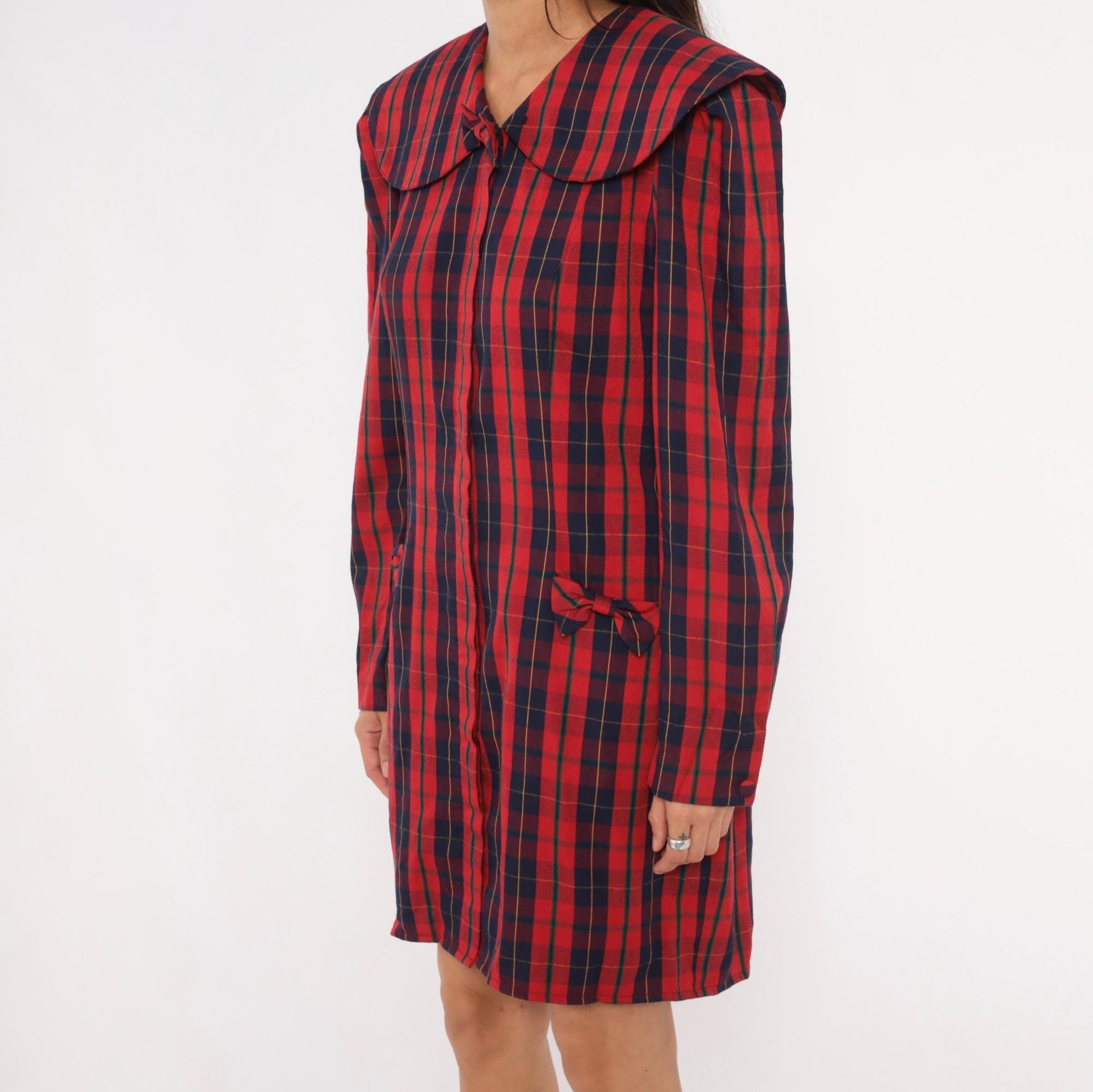 80s Sharon Young Plaid Shift Dress Red Navy Tartan Peter Pan Collar Large L