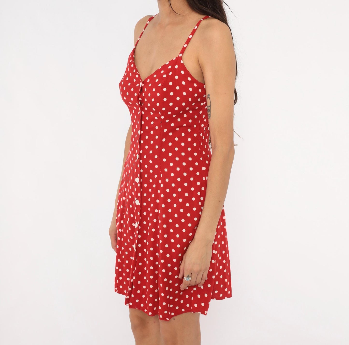 90s Moda INTL Red Polka Dot Sundress Spaghetti Strap V Neck Mini Small S