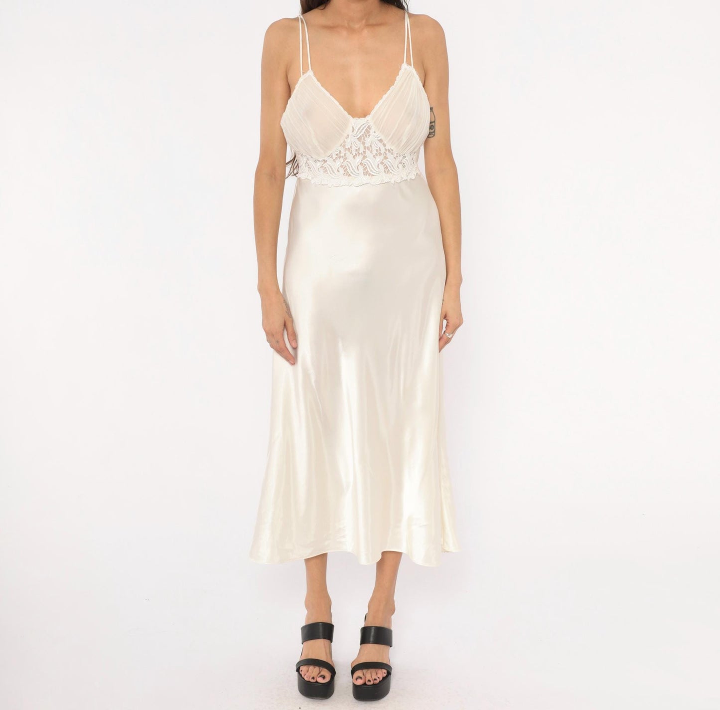 90s Just Flora Cream Satin Slip Dress Midi Lace Pleated Bust V Neck Large L