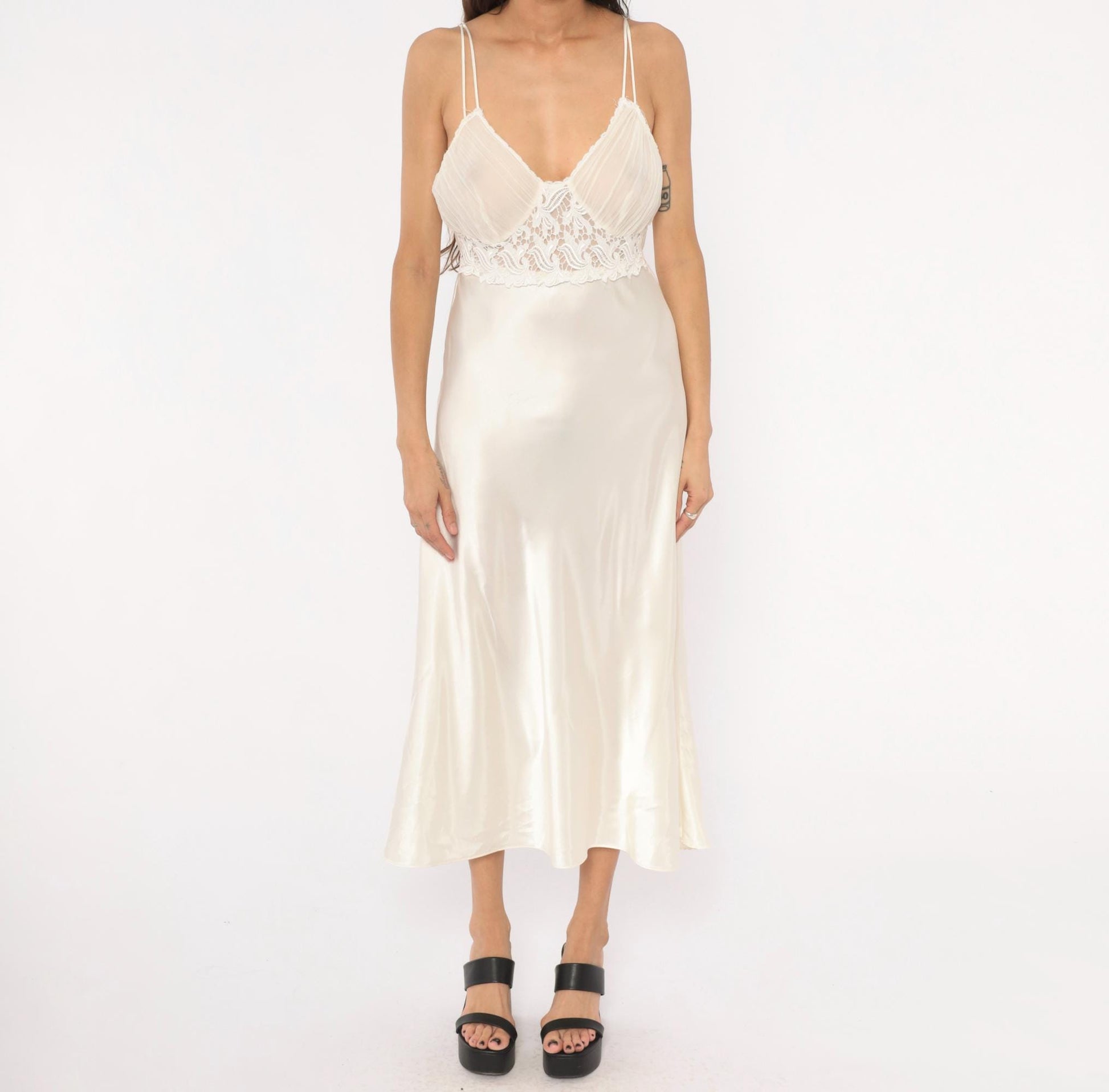 90s Just Flora Cream Satin Slip Dress Midi Lace Pleated Bust V Neck Large L