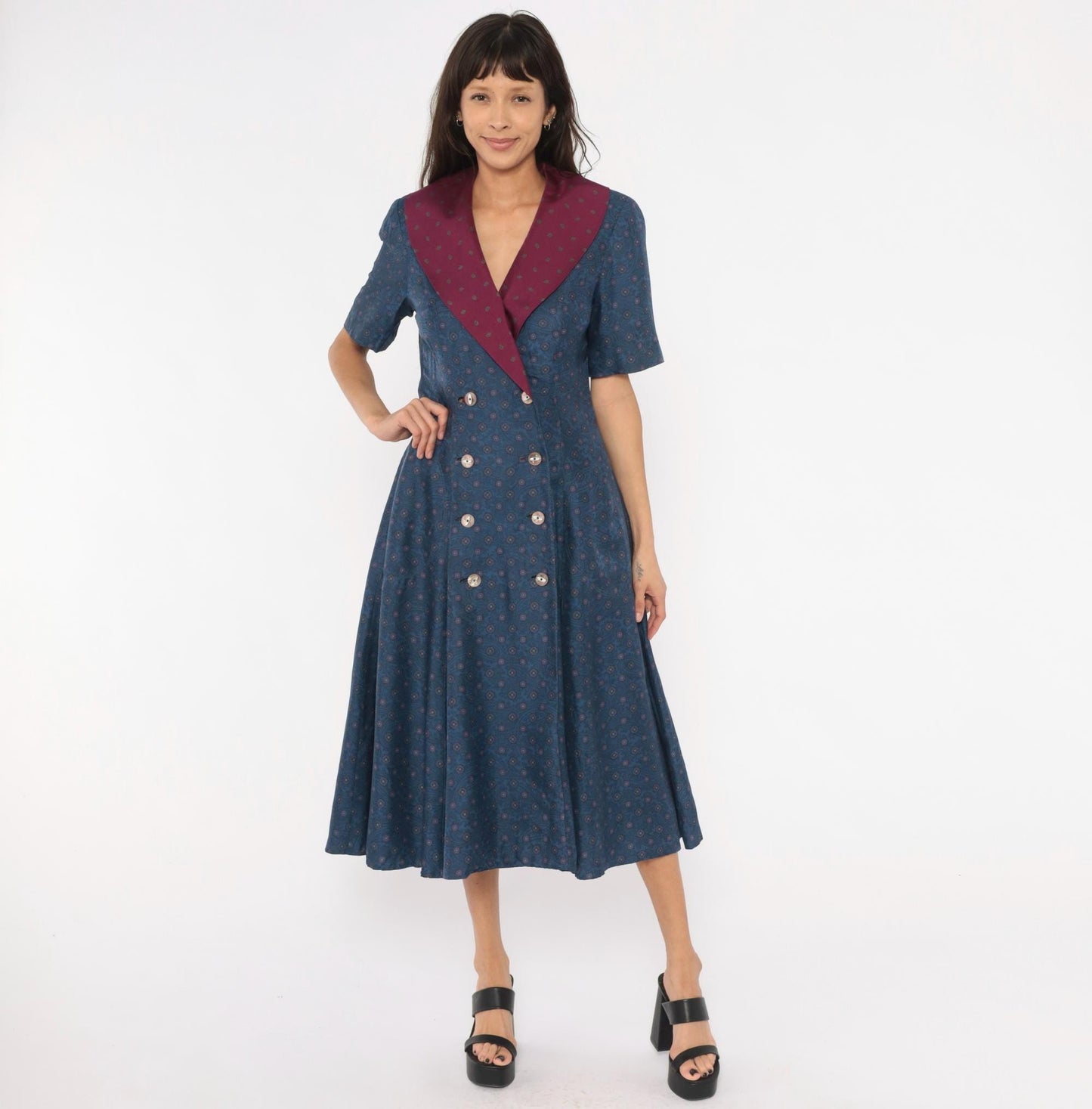 90s Donna Fredericks Navy Paisley Midi Dress Burgundy Shawl Collar Medium M