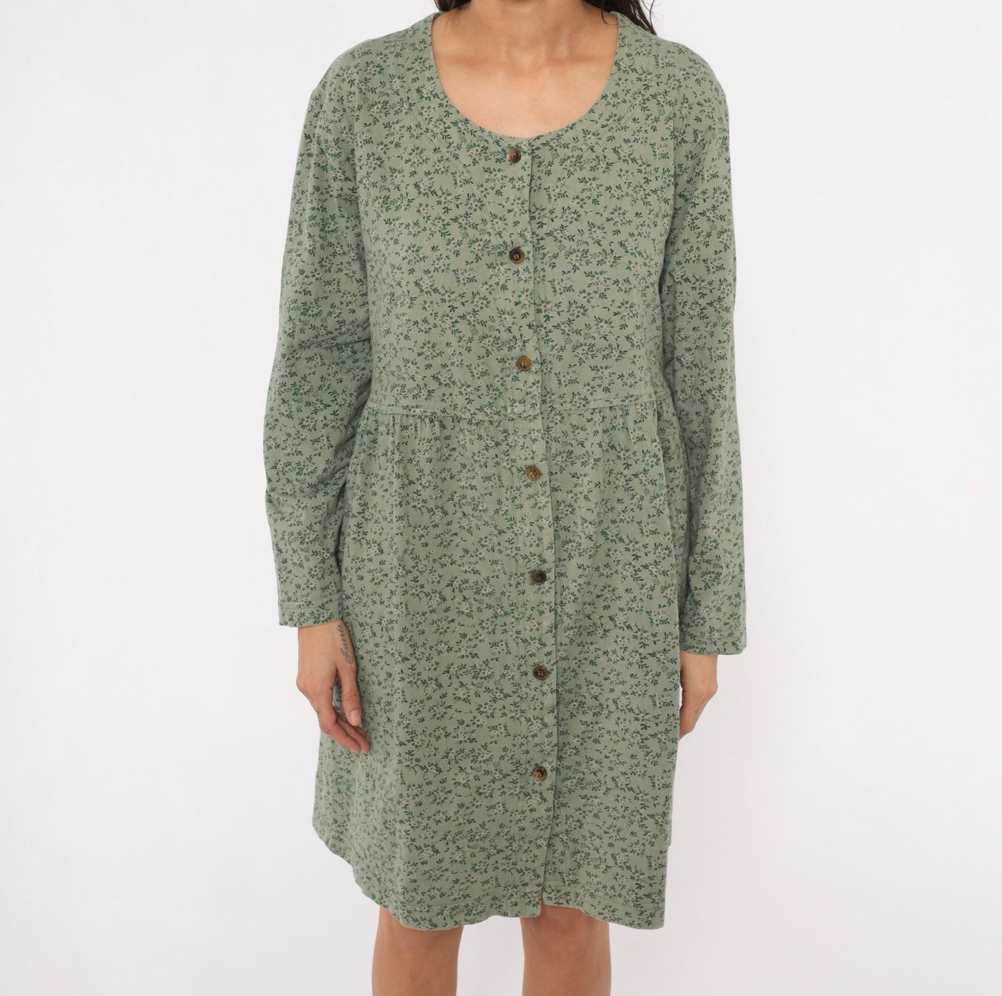 90s Sage Green Floral Button Front Dress Long Sleeve Cotton Prairie Gathered Waist Large L