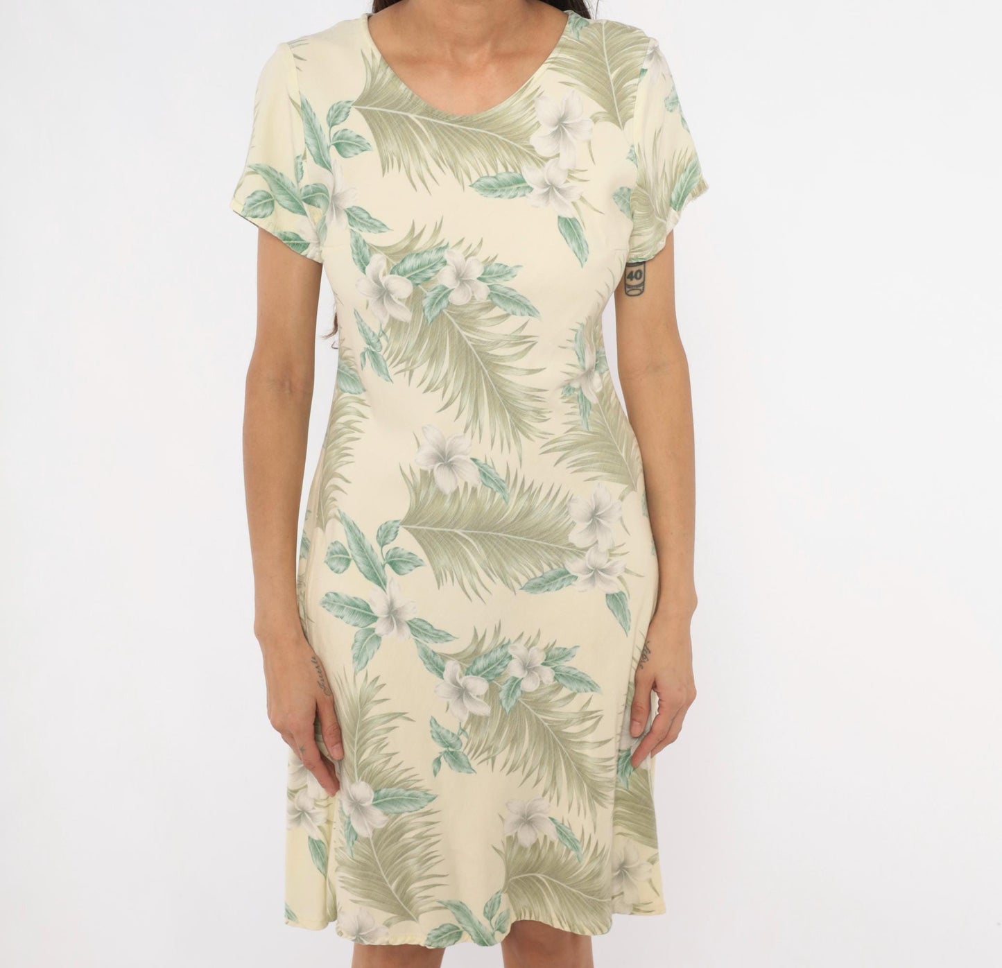 90s Hilo Hattie Hawaiian Dress Plumeria Palm Leaf Cream Olive Medium M