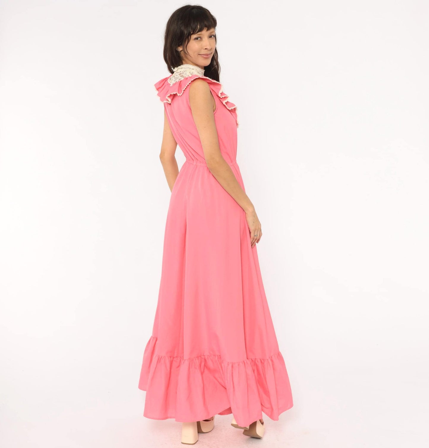 70s Pink Lace Bib Maxi Dress Ruffle Trim High Neck Floral Panel Medium