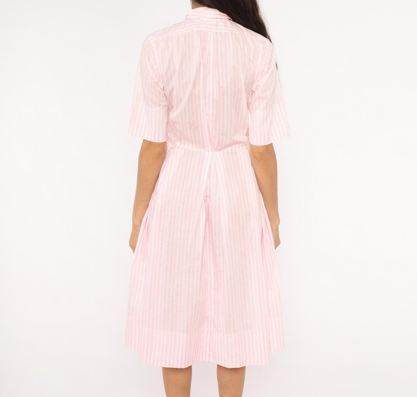 60s Pink White Striped Shirtdress Pleated Knee-Length Cotton Small