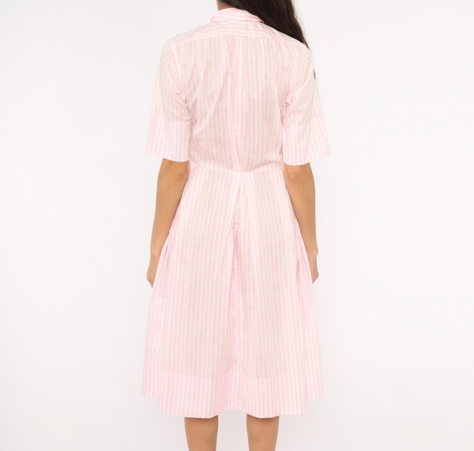 60s Pink White Striped Shirtdress Pleated Knee-Length Cotton Small