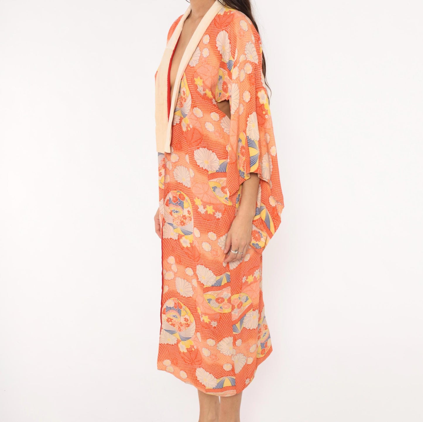70s Japanese Silk Kimono Robe Orange Floral Chrysanthemum Midi Medium M