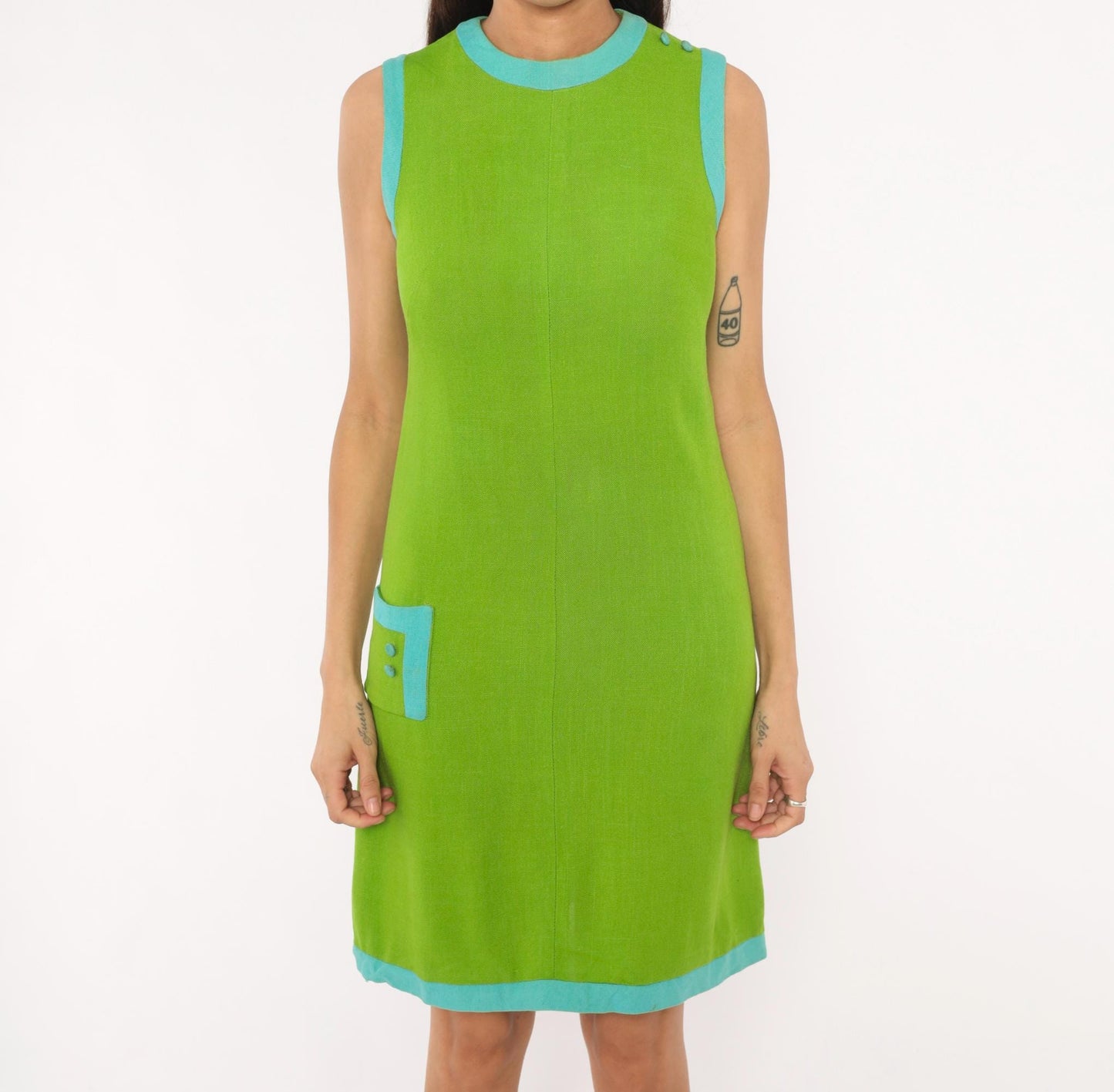60s Mod Shift Dress Lime Green Aqua Trim Cotton Mini A-Line Extra Small XS