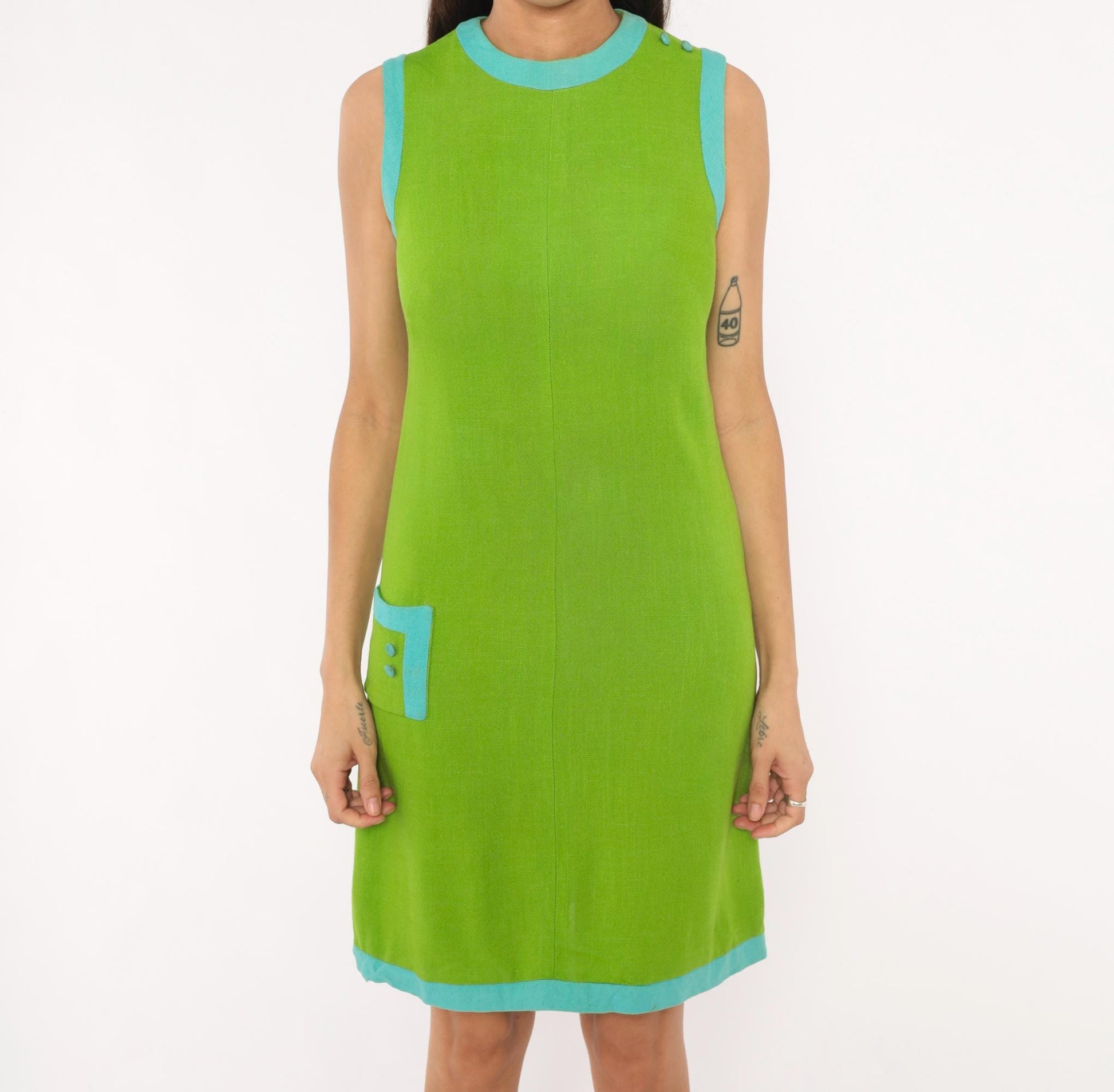 60s Mod Shift Dress Lime Green Aqua Trim Cotton Mini A-Line Extra Small XS