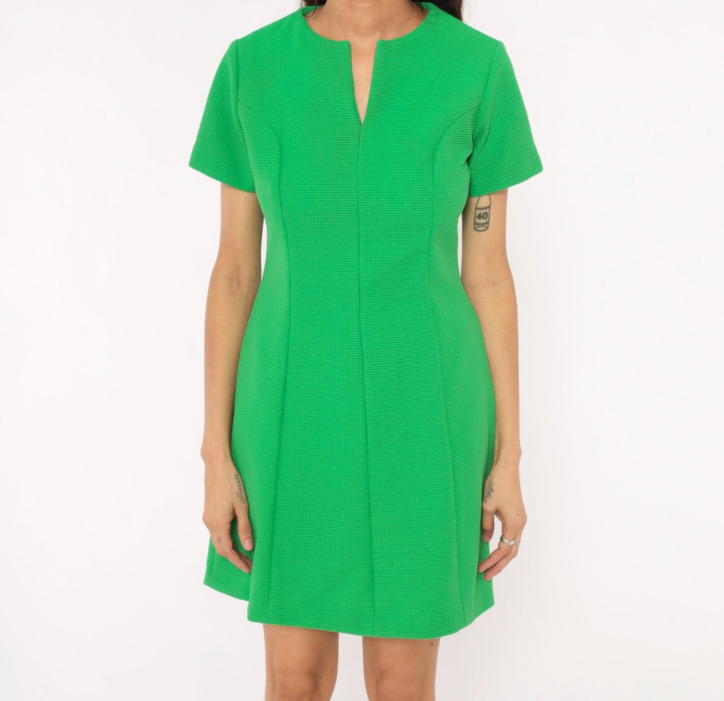 60s Sears Mod Mini Dress Green Shift Waffle Knit Fitted Waist Medium