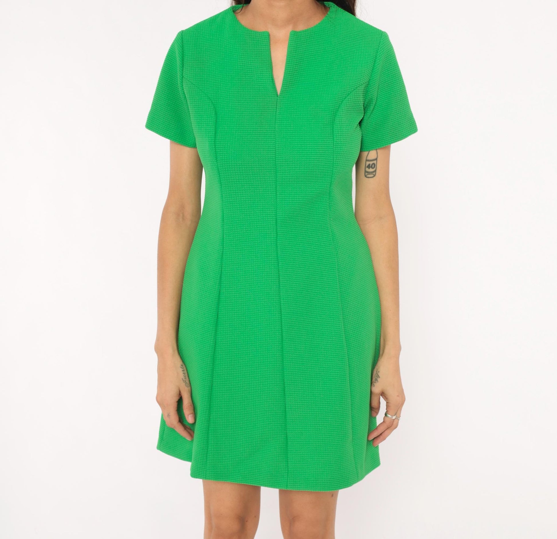 60s Sears Mod Mini Dress Green Shift Waffle Knit Fitted Waist Medium
