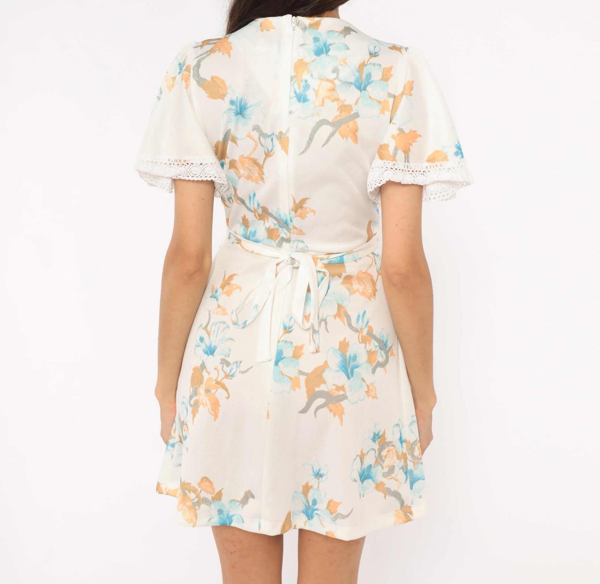 70s Sears Floral Mini Dress Flutter Sleeve V Neck White Blue Peach Small S