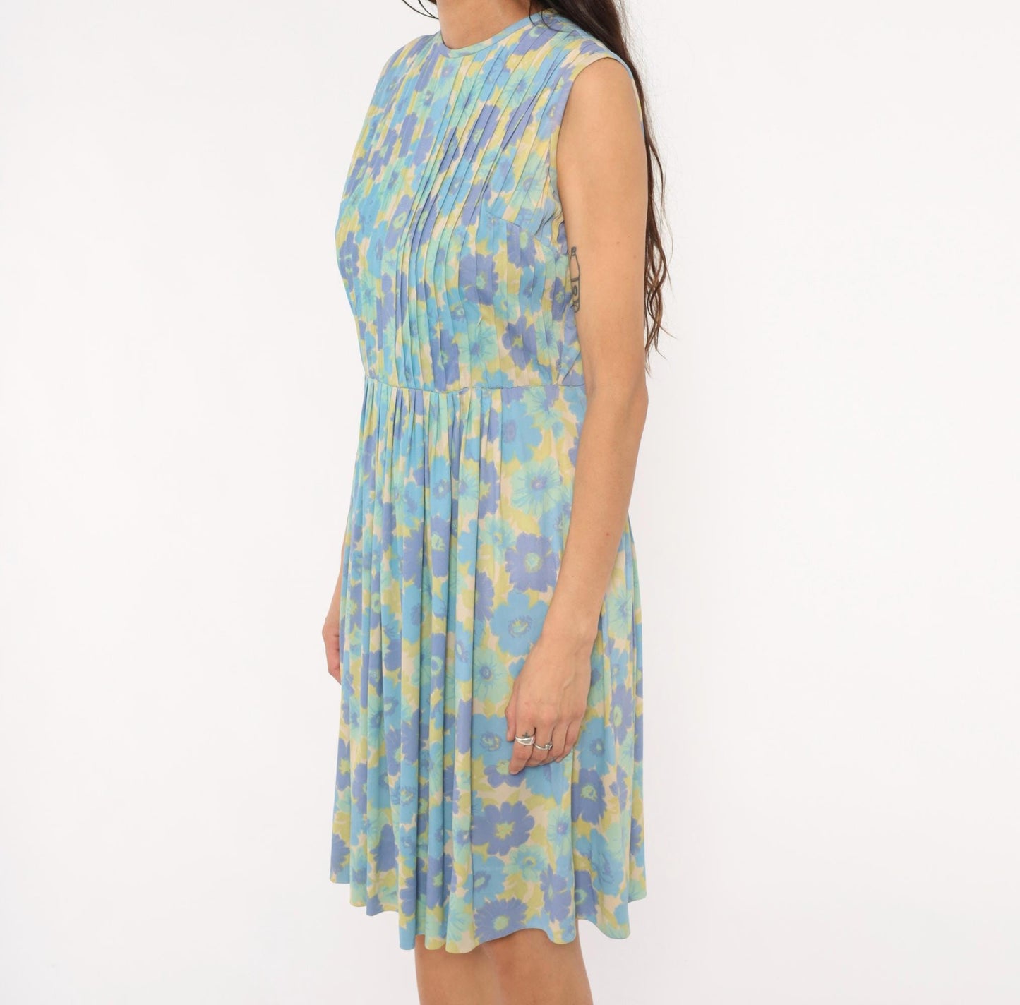 60s Carol Brent Floral Pleated Dress Blue Violet Yellow Knee-Length Medium M