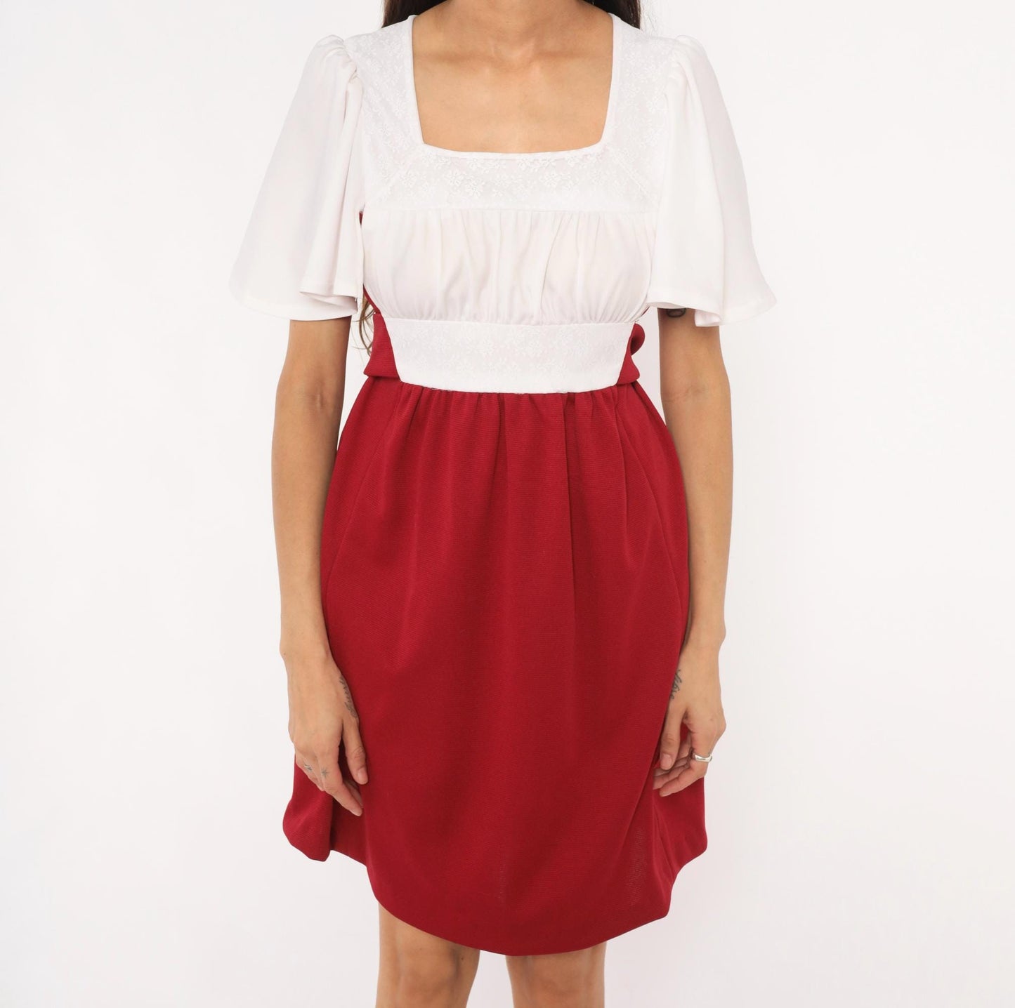70s Burgundy Wine Mini Dress Ivory Bodice Puff Sleeve Square Neck Empire Waist Small