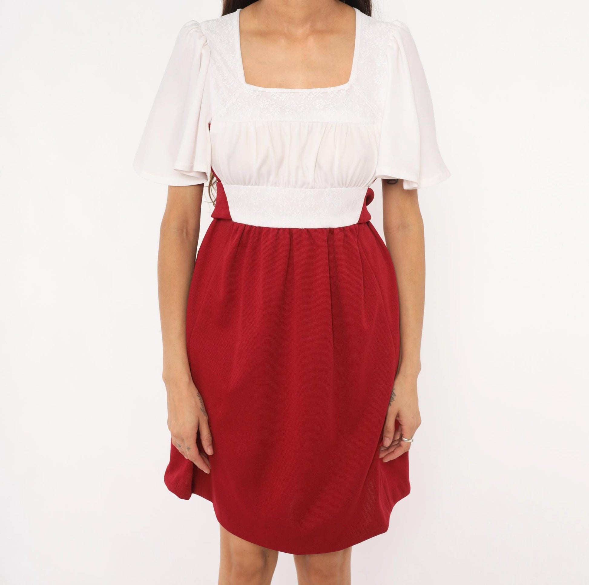 70s Burgundy Wine Mini Dress Ivory Bodice Puff Sleeve Square Neck Empire Waist Small