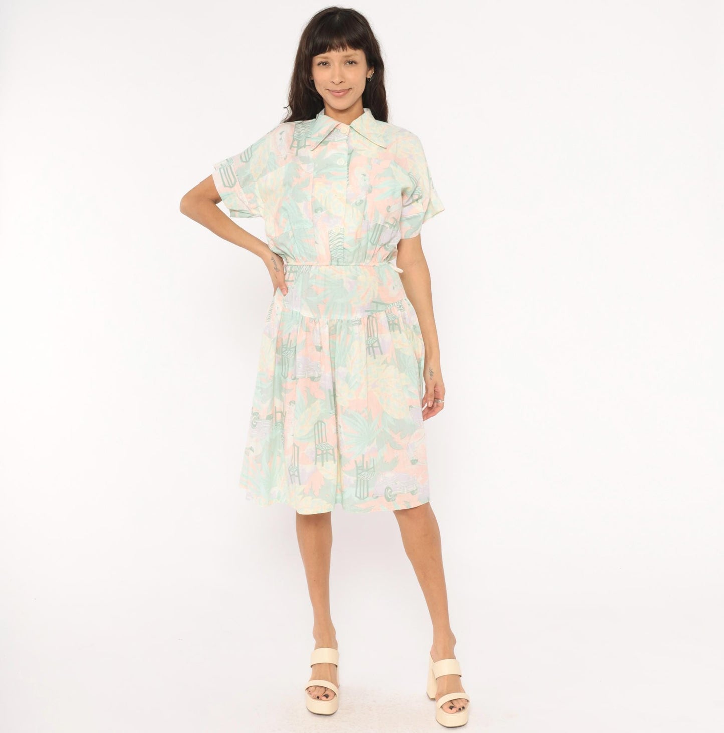 80s 3 Star Novelty Print Shirt Dress Pink Teal Knee-Length Small