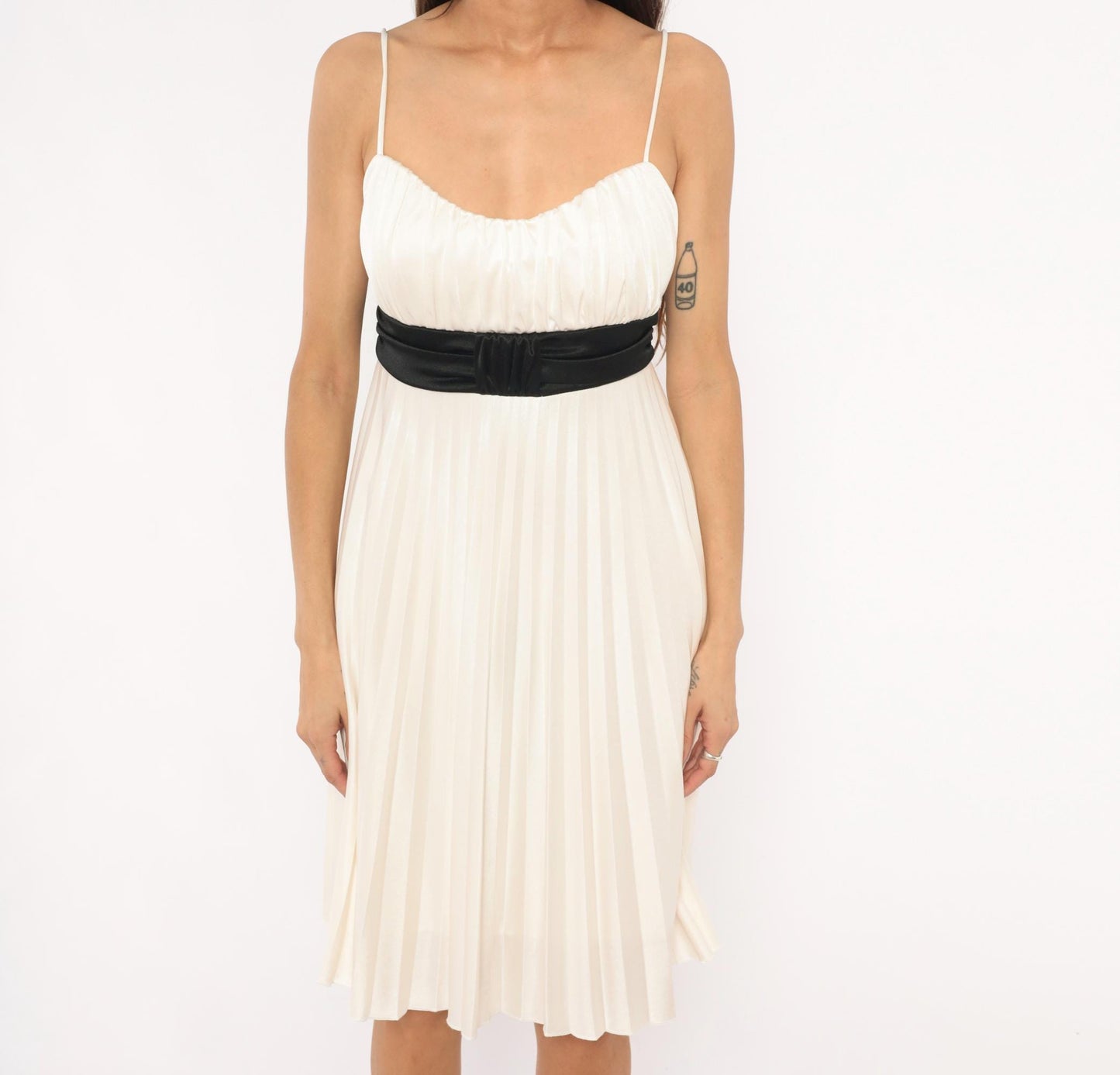 Y2K Charlotte Russe Pleated Babydoll Dress Ivory Spaghetti Strap Empire Waist Large L