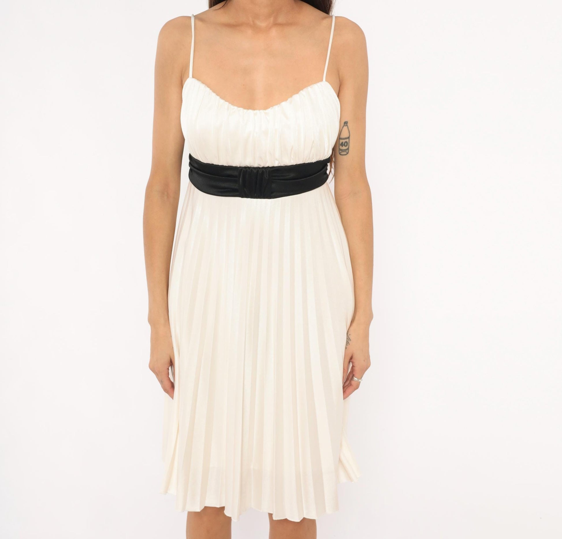 Y2K Charlotte Russe Pleated Babydoll Dress Ivory Spaghetti Strap Empire Waist Large L