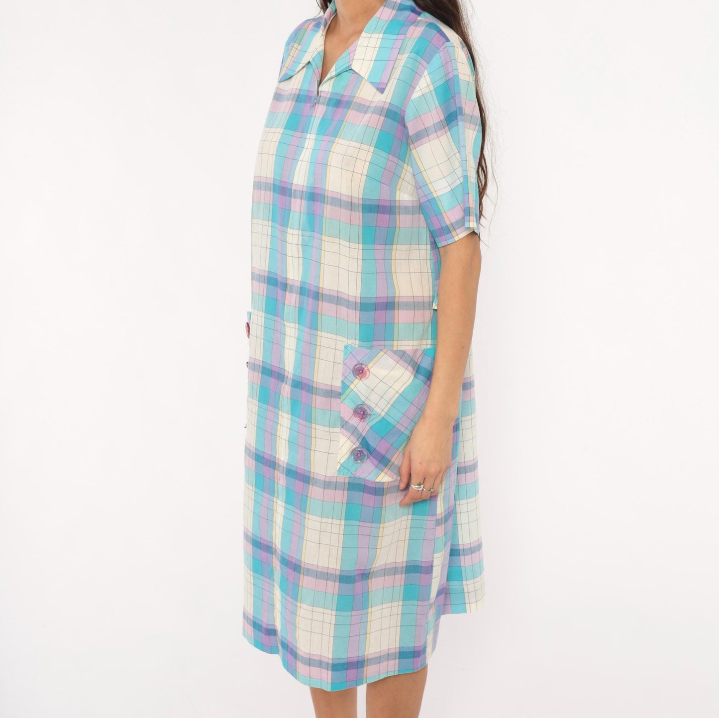 70s Pastel Plaid Zip-Front Housecoat Shift Dress Aqua Purple Knee Length Extra Large