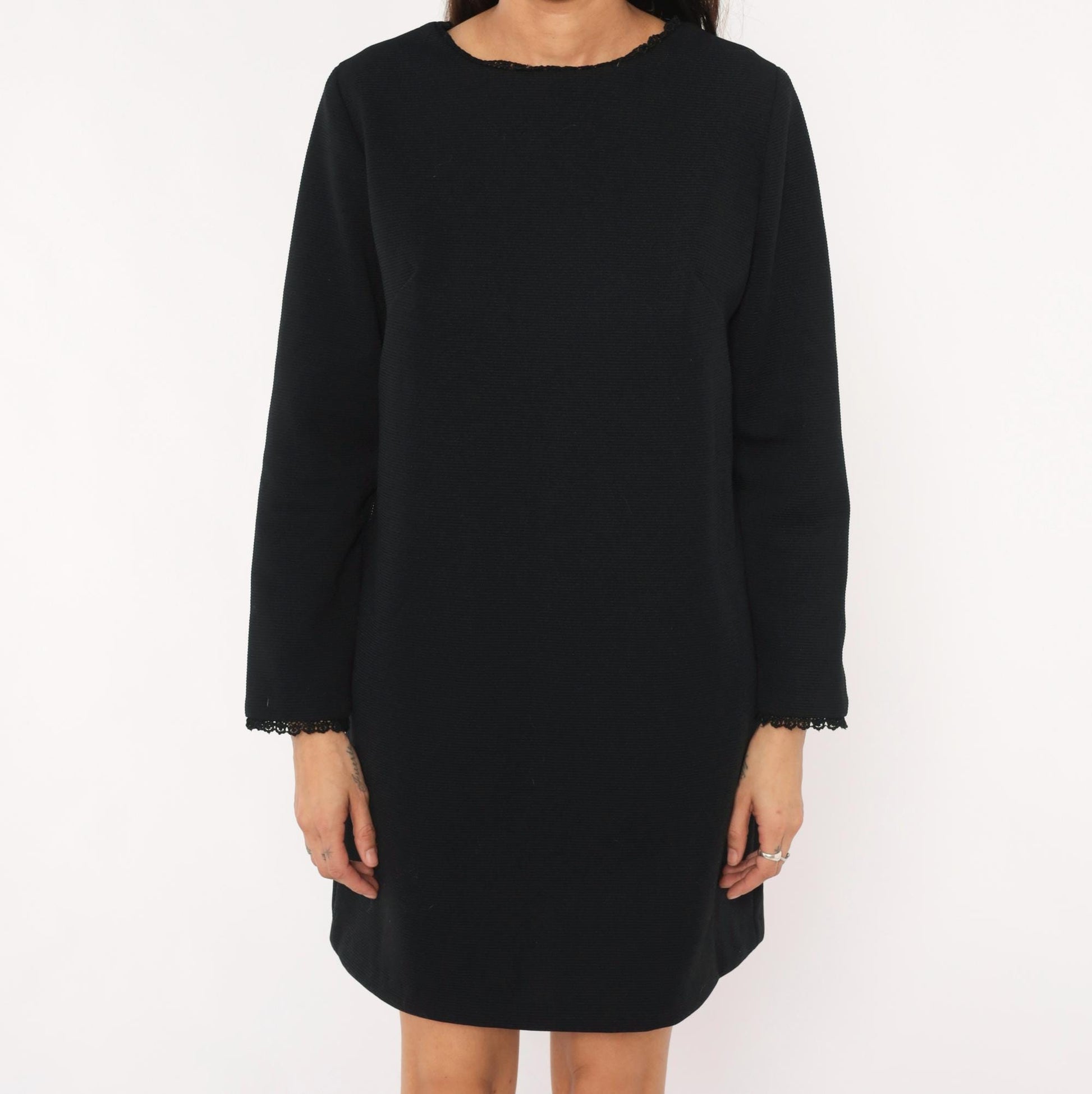 70s Meg Madison Black Shift Dress Lace Trim Long Sleeve Mini Crew Neck Large L