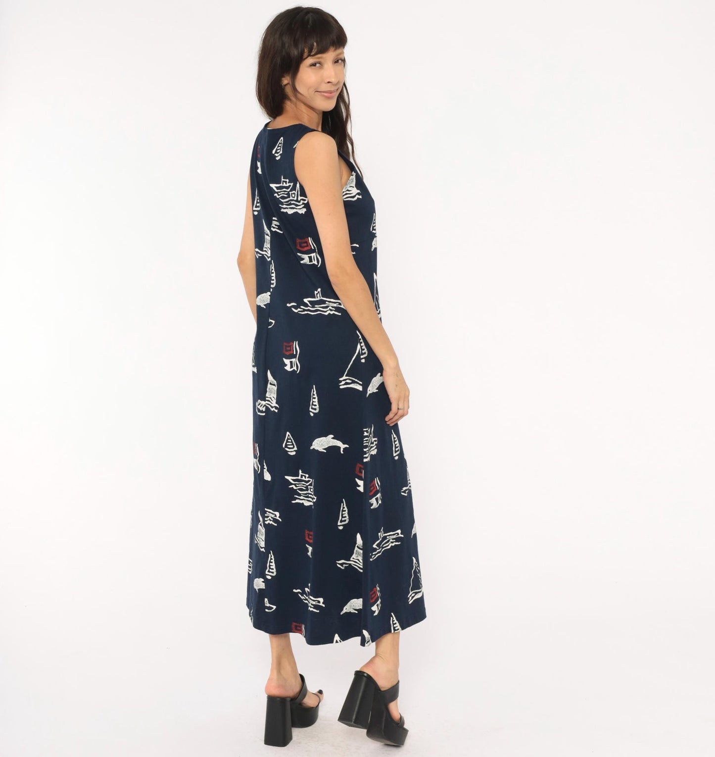 90s Copa Cabana Navy Nautical Maxi Dress Sailboat Dolphin Print Medium