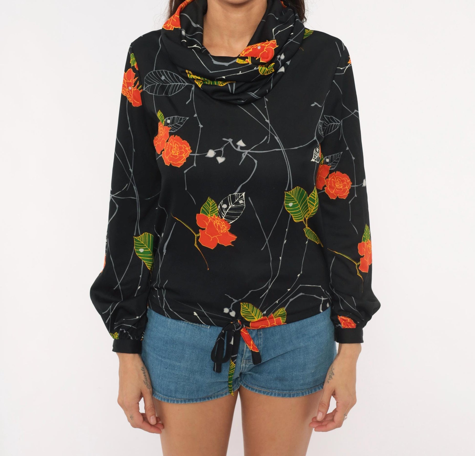 70s Lady Manhattan Cowl Neck Blouse Black Orange Rose Print Long Sleeve Small