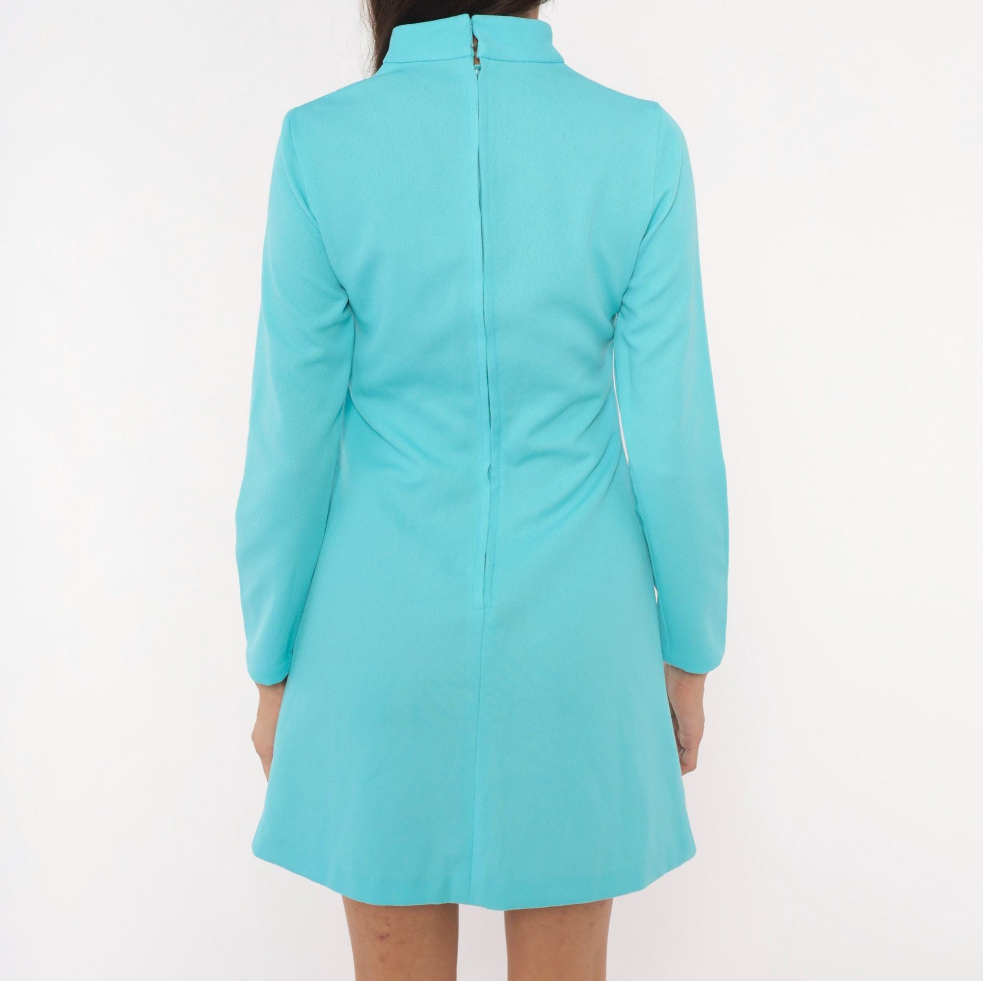 70s Aqua Mock Neck Mini Dress Long Sleeve Shift Turquoise Small